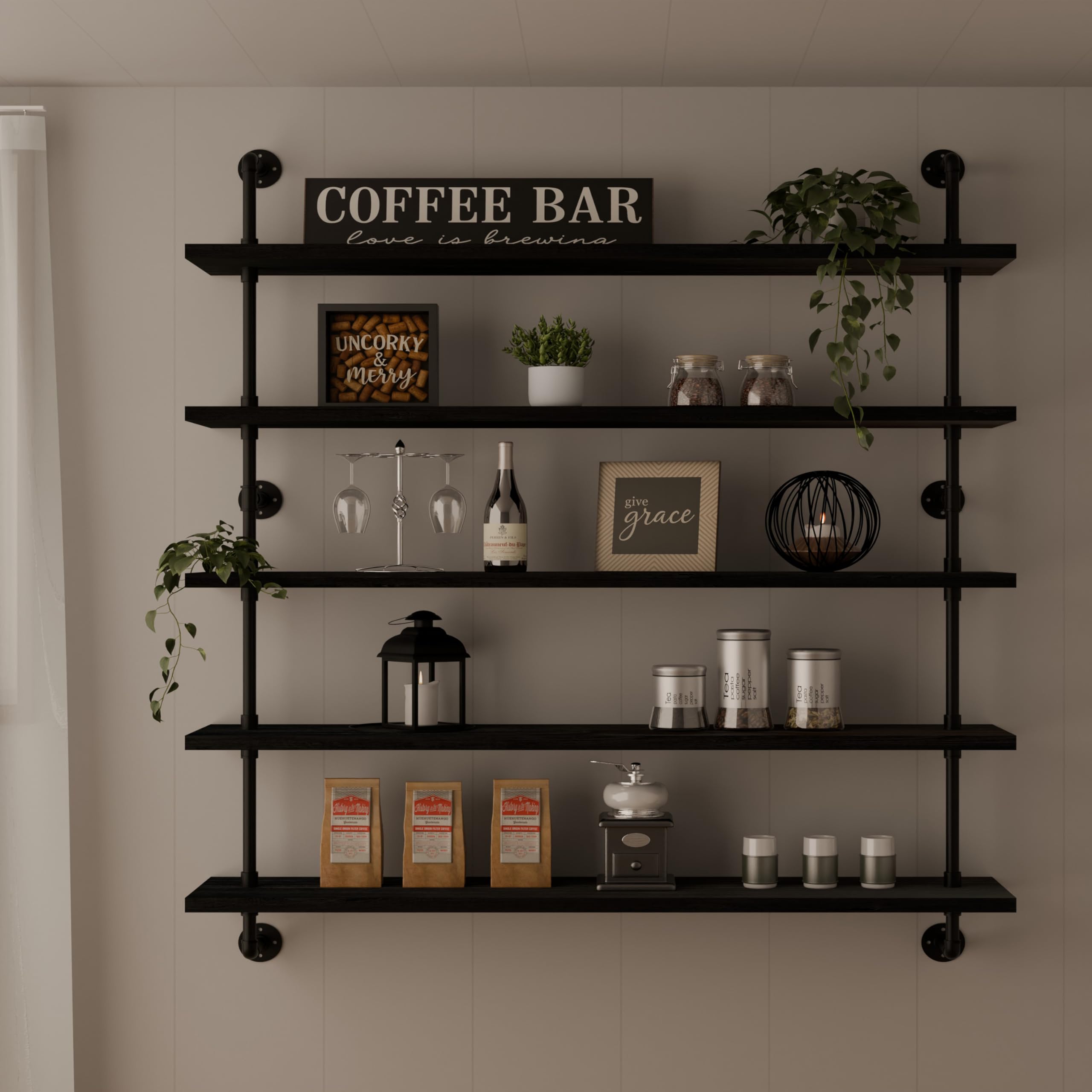 HDDFER Industrial Pipe Shelf Shelving Bookcase, Wall Mounted Rustic Bookshelf, Floating Bookshelves for Wall,Retro Wood Metal Pipe Industrial Shelves for Living Room