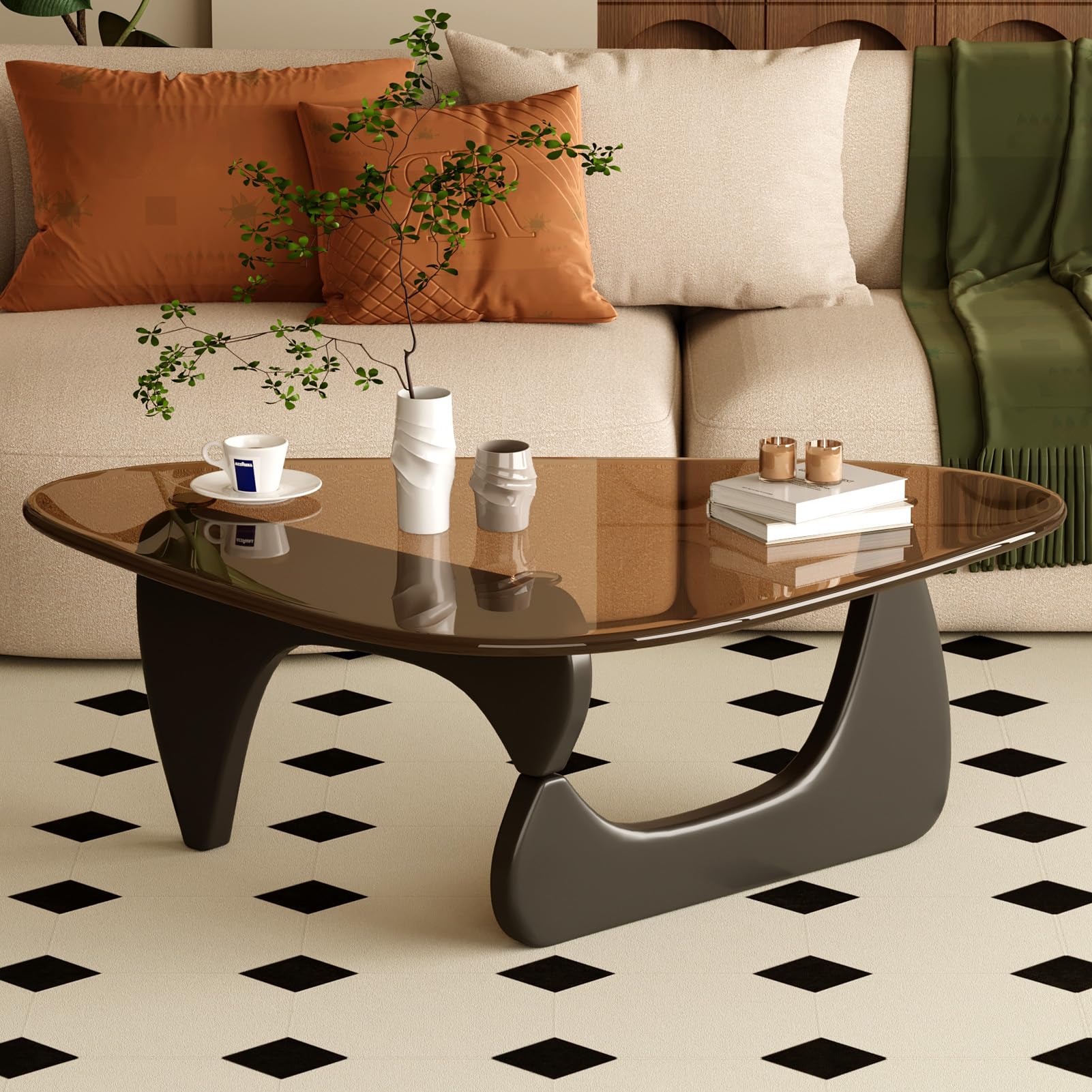 Coffee Table for Living Room Mid Century Modern Center Table with Glass Top and Wood,36 Inch, Transparent/Walnut