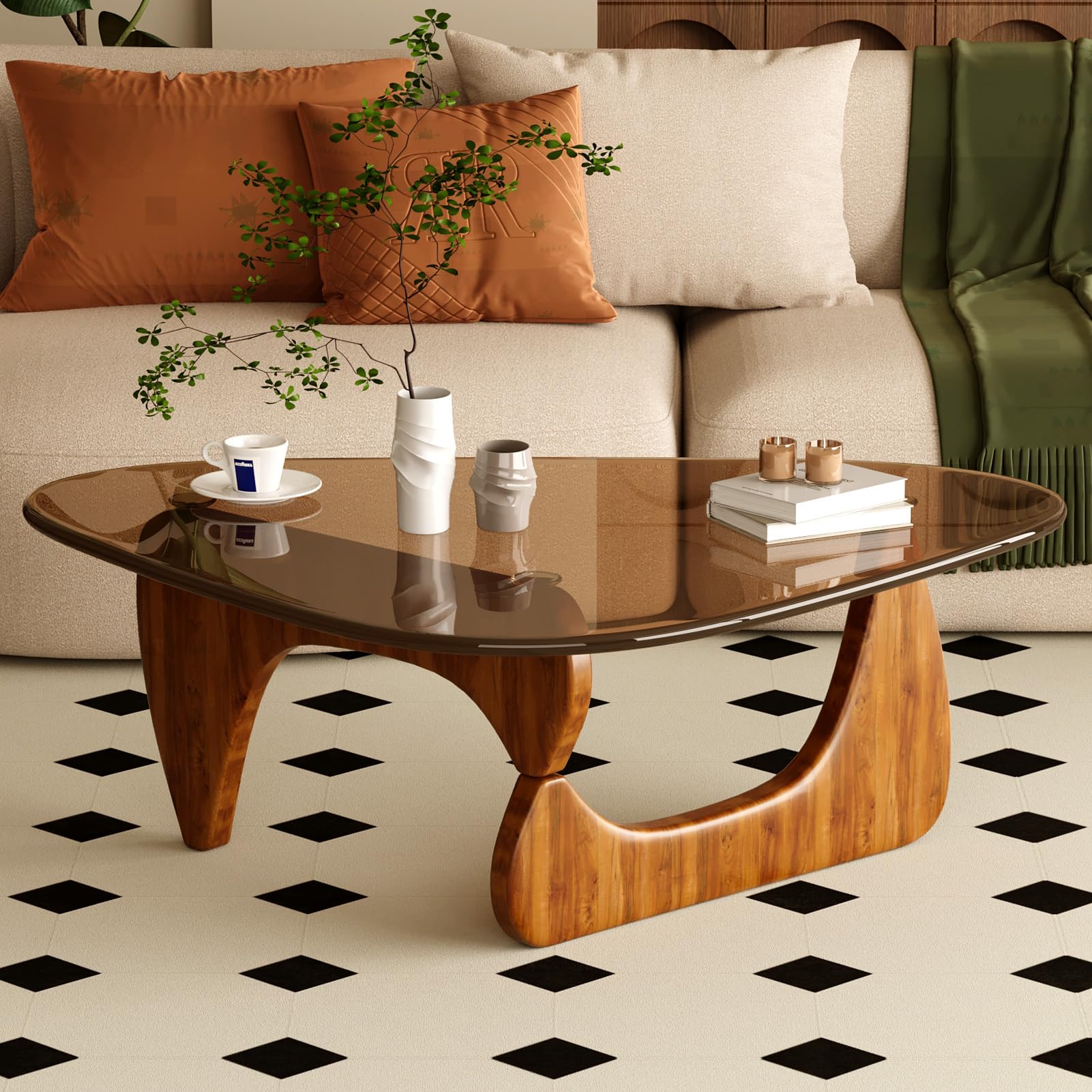 Coffee Table for Living Room Mid Century Modern Center Table with Glass Top and Wood,36 Inch, Transparent/Walnut