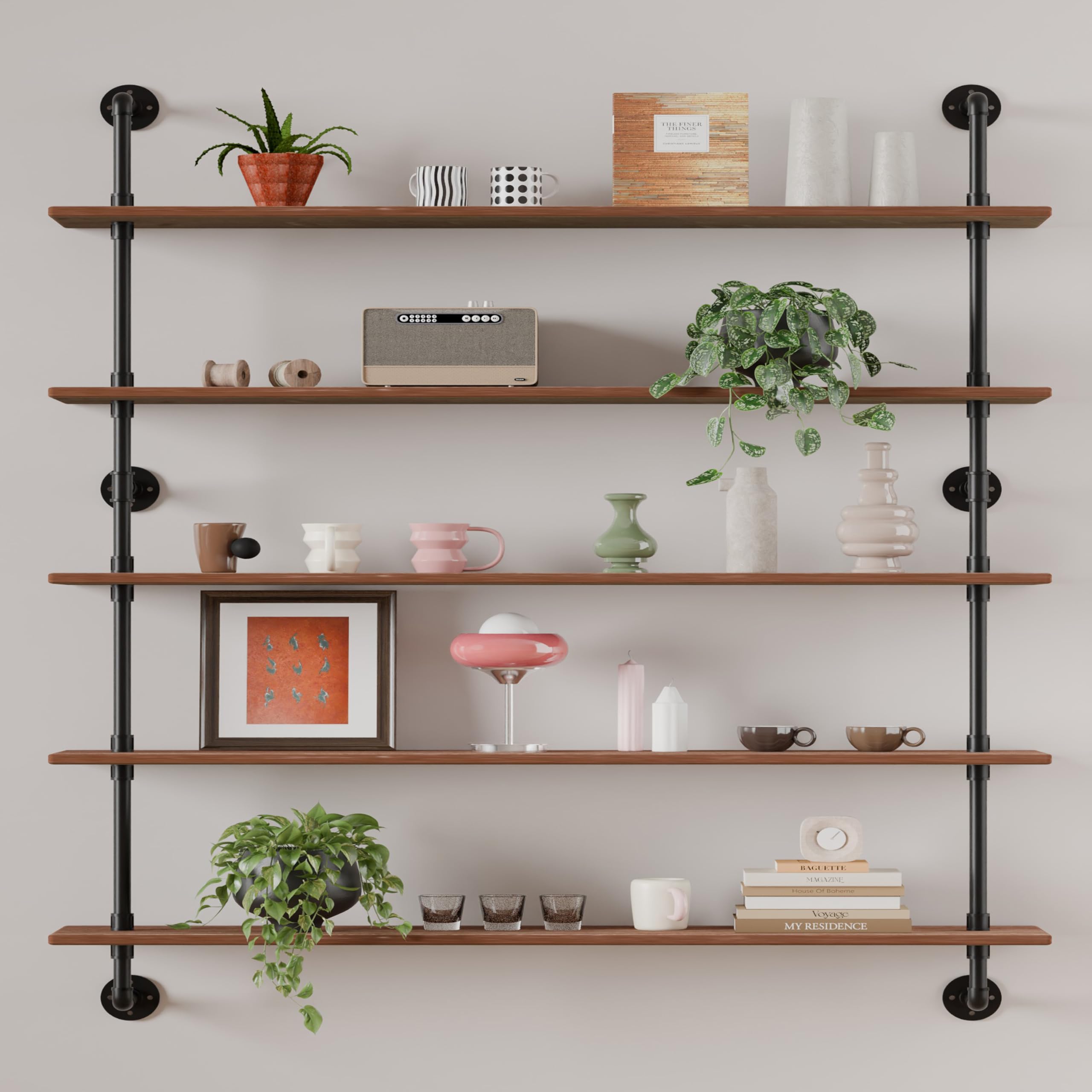 HDDFER Industrial Pipe Shelf Shelving Bookcase, Wall Mounted Rustic Bookshelf, Floating Bookshelves for Wall,Retro Wood Metal Pipe Industrial Shelves for Living Room