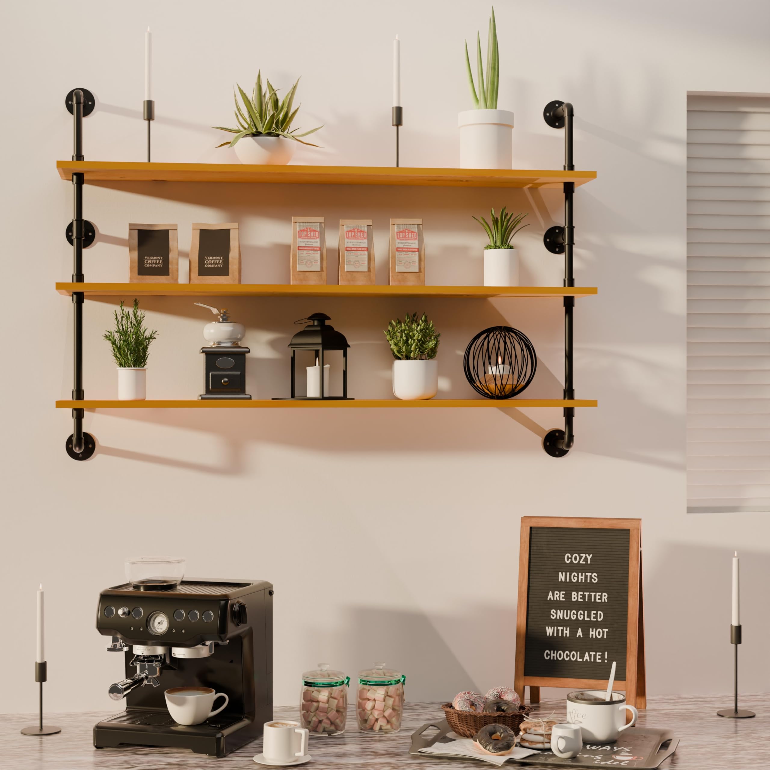 HDDFER Industrial Pipe Shelf Shelving Bookcase, Wall Mounted Rustic Bookshelf, Floating Bookshelves for Wall,Retro Wood Metal Pipe Industrial Shelves for Living Room