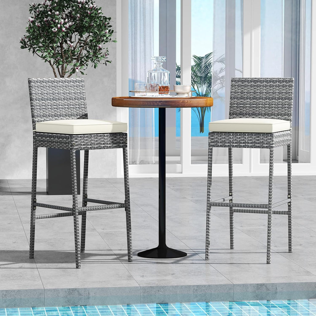 COSTWAY Outdoor Wicker Bar Stools Set of 2, 30'' Patio Bar Height Chairs with Cushion, Footrest and Backrest, Rattan Barstools for Backyard Poolside Deck (Grey)
