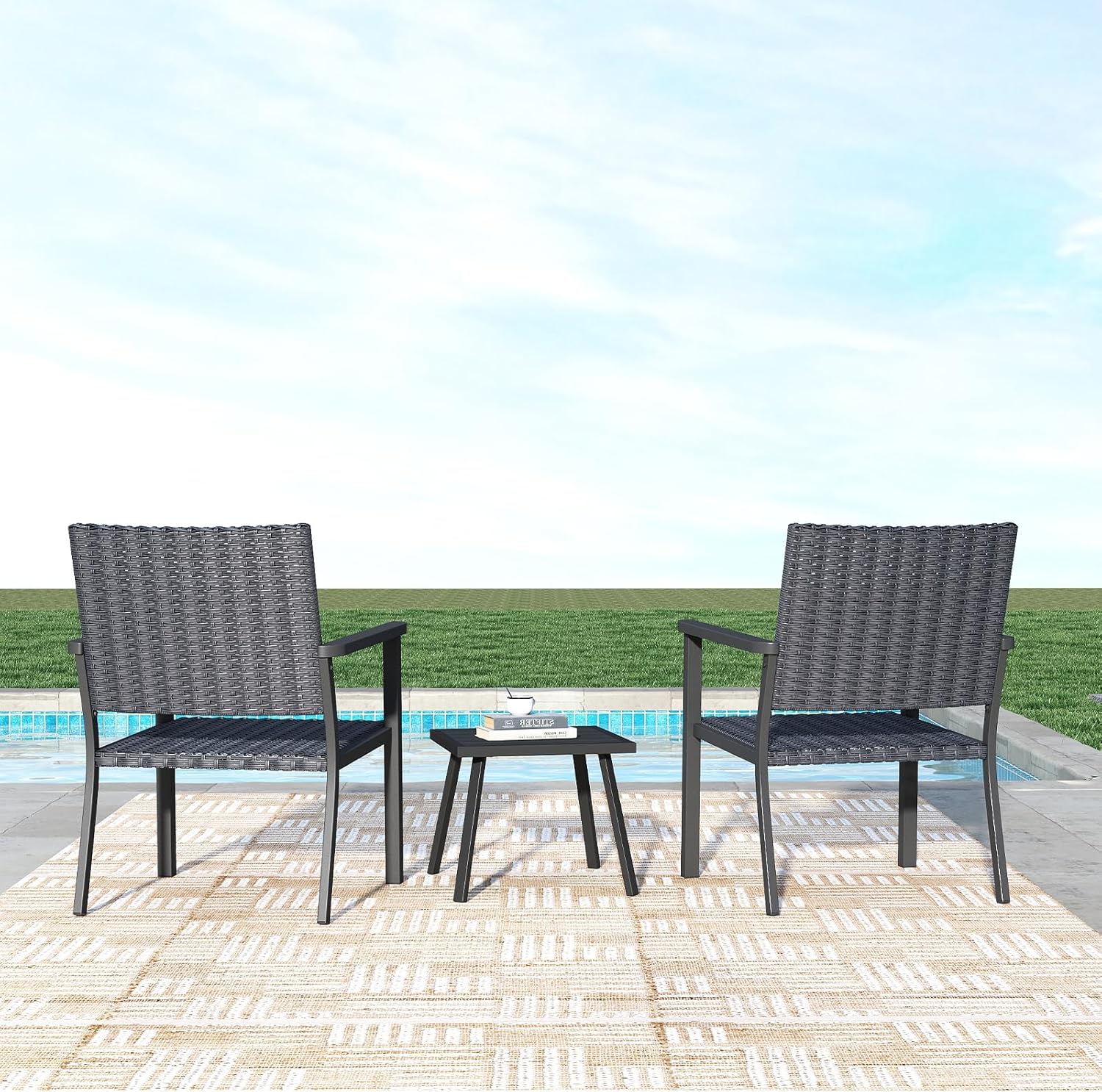 C-Hopetree Outdoor Lounge Chair for Outside Patio Porch, Metal Frame, Black All Weather Wicker