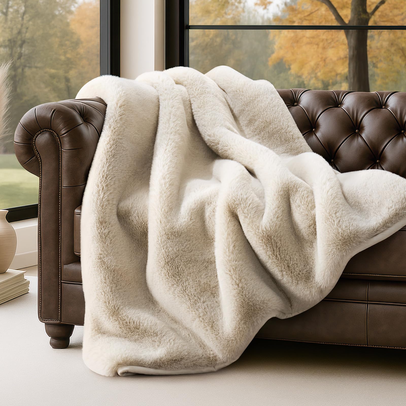 EVERGRACEHOME Luxury Soft Faux Chinchilla Fur Throw Blanket for Couch, Warm Thick Heavy Winter Throw Blanket 1220GSM for Bed, Fluffy Cozy Mink Blanket with Reversible Velvet, Brown Sable, 50"x60"