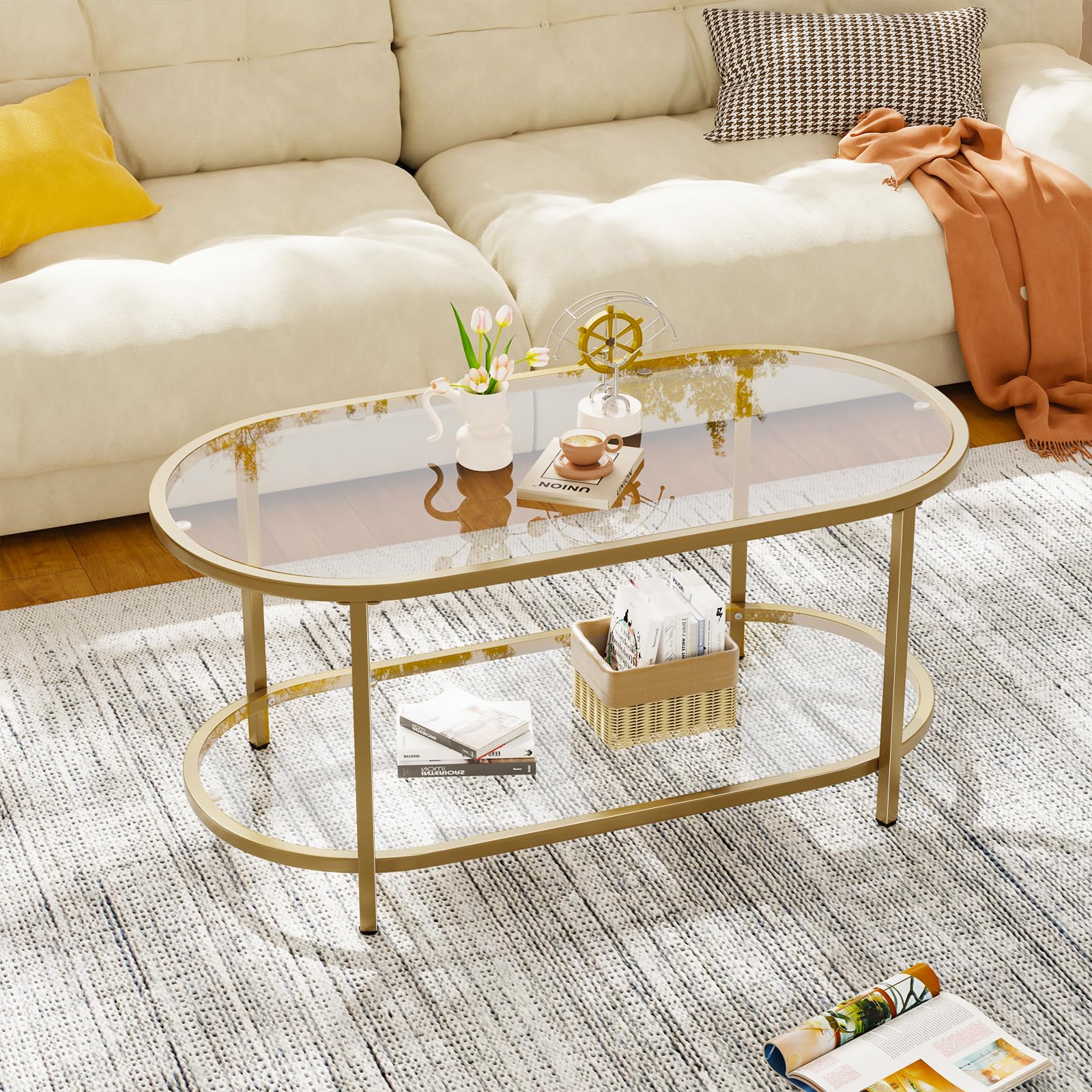 Wolawu Coffee Table Gold Glass Coffee Table for Living Room,2 Tiers Oval Center Table with Sturdy Metal Frame,Modern Tempered Glass Accent Table for Bedroom Home Office