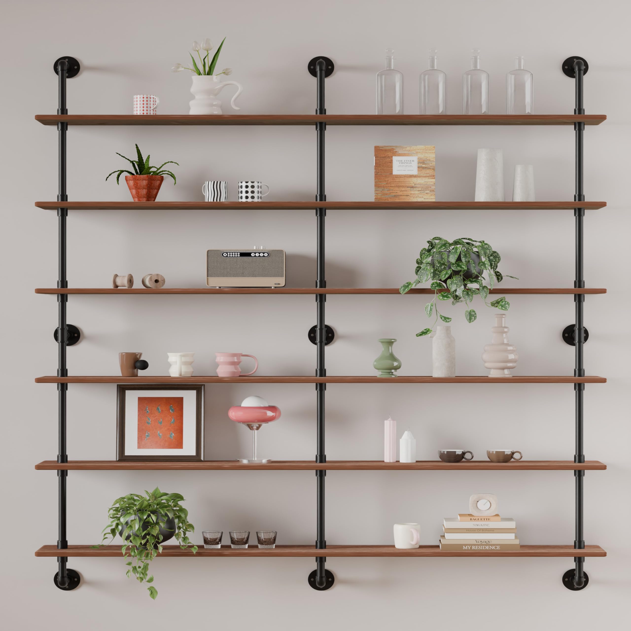 HDDFER Industrial Pipe Shelf Shelving Bookcase, Wall Mounted Rustic Bookshelf, Floating Bookshelves for Wall,Retro Wood Metal Pipe Industrial Shelves for Living Room