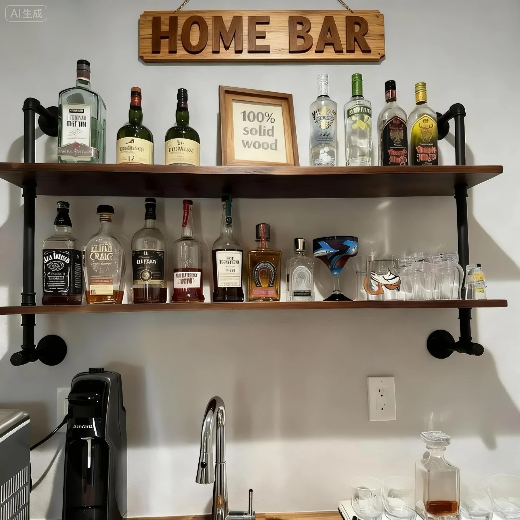 Industrial Pipe Wall Shelves Pipe Shelving with Real Wood Plank ,48 Inches Floating Shelves for Wall Farmhouse Pipe Book Shelves Dark Brown 3 Tier for Kitchen,Living Room Decor and Bar Shelving