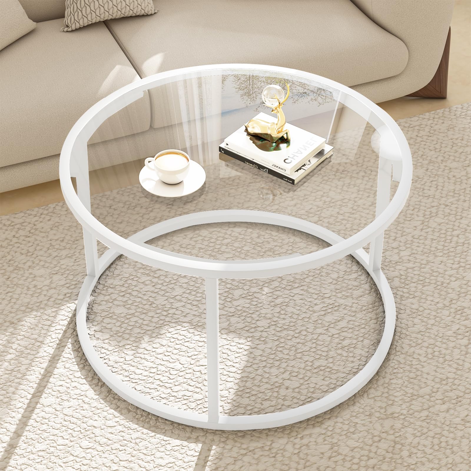Glass Coffee Table,Round Gold Coffee Table for Small Space,27" Modern Center Table,Glass Top Clear Coffee Table with Sturdy Metal Frame for for Living Room Home Office, Easy Assembly