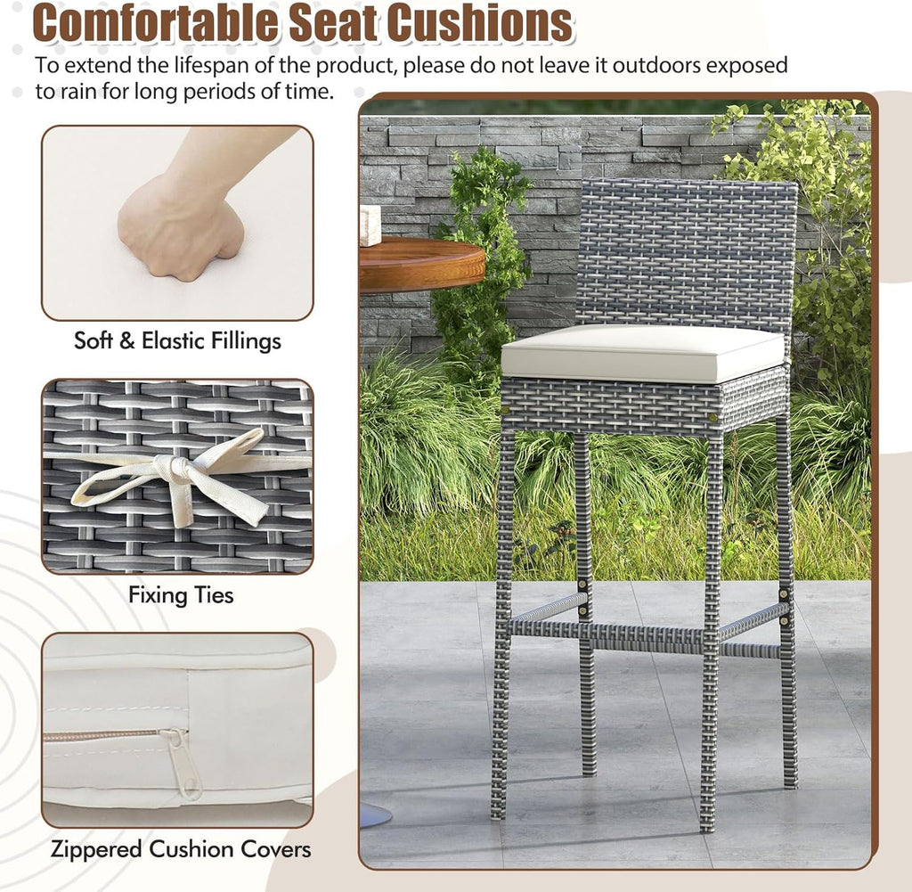 COSTWAY Outdoor Wicker Bar Stools Set of 2, 30'' Patio Bar Height Chairs with Cushion, Footrest and Backrest, Rattan Barstools for Backyard Poolside Deck (Grey)