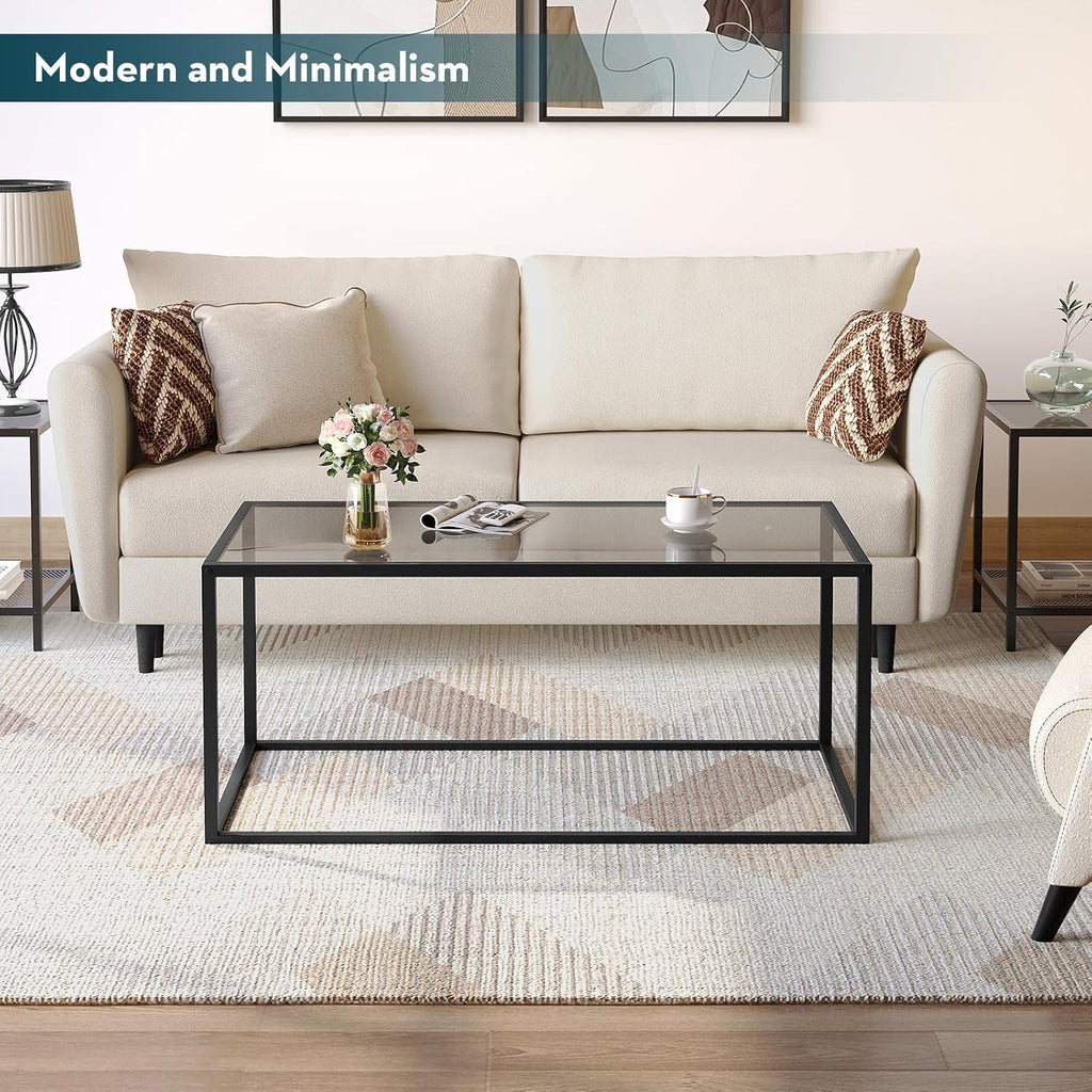 SAYGOER Glass Coffee Table Modern Coffee Tables Simple Rectangular Center Table with Open Space for Living Room Home Office,39.3 x 19.7 x 17.7Inches, Gray Black