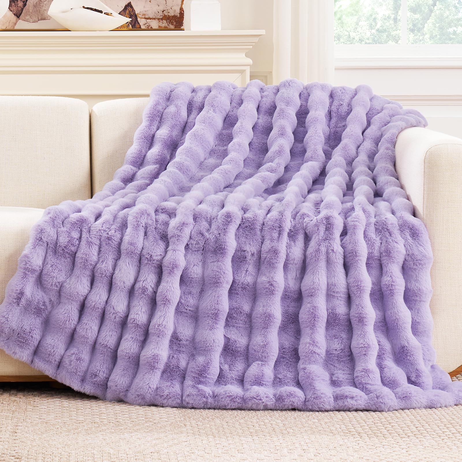 Cozy Bliss Faux Fur Throw Blanket for Couch, Fuzzy Soft Plush Thick Bubble Blanket for Sofa Bedroom Living Room, 50 * 60 Inches Tie-dye Taupe