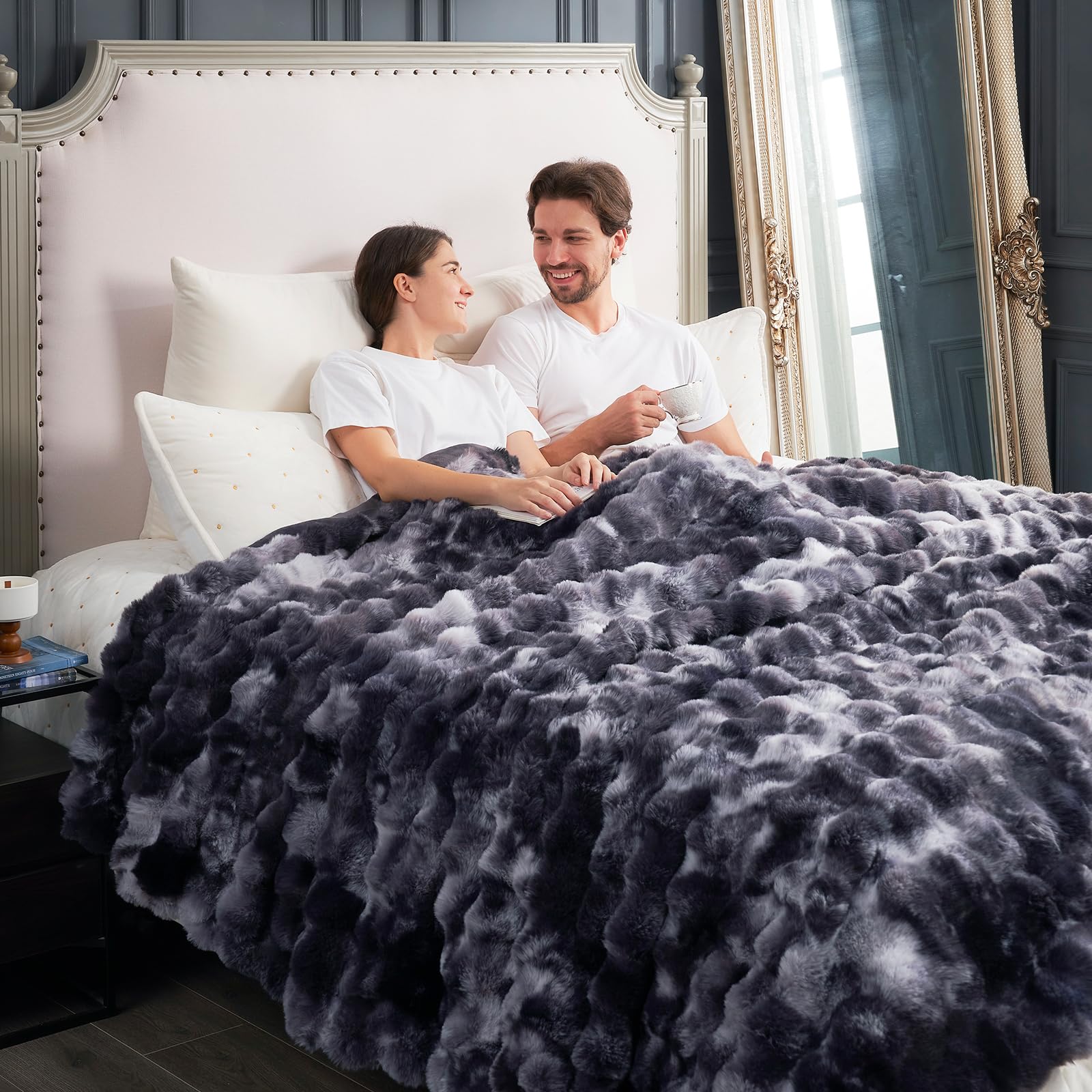 Cozy Bliss Faux Fur Throw Blanket for Couch, Fuzzy Soft Plush Thick Bubble Blanket for Sofa Bedroom Living Room, 50 * 60 Inches Tie-dye Taupe