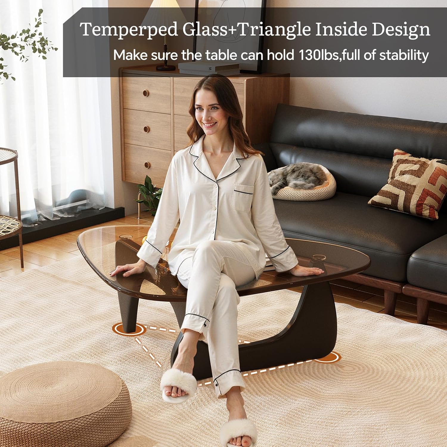 Coffee Table for Living Room Mid Century Modern Center Table with Glass Top and Wood,36 Inch, Transparent/Walnut