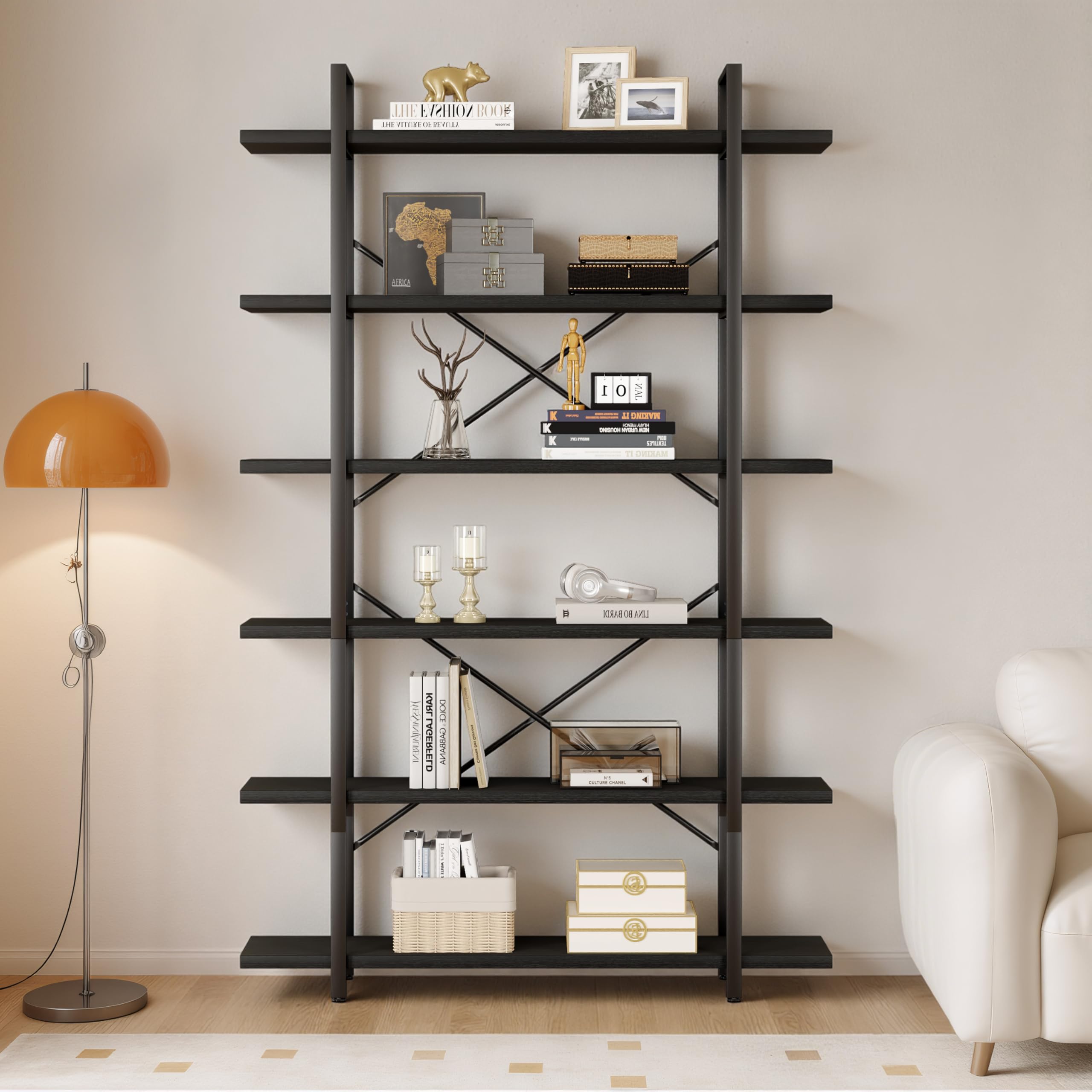 HSH 4-Shelf Vintage Industrial Bookshelf, Rustic Gray Wood and Metal 4 Tier Bookcase, Open Wide Etagere Book Shelf for Home Office Livingroom Bedroom Dispaly, Light Grey Oak
