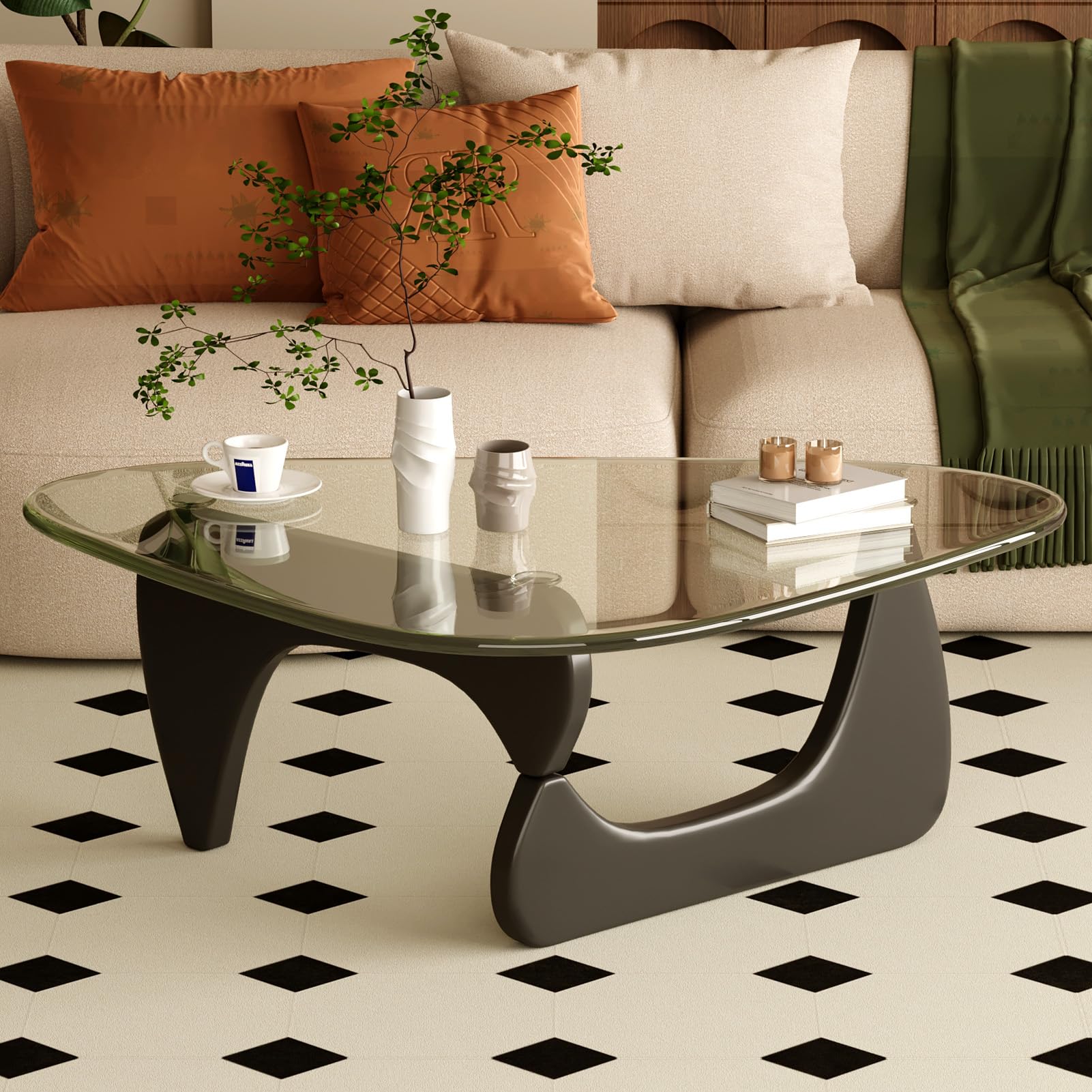 Coffee Table for Living Room Mid Century Modern Center Table with Glass Top and Wood,36 Inch, Transparent/Walnut