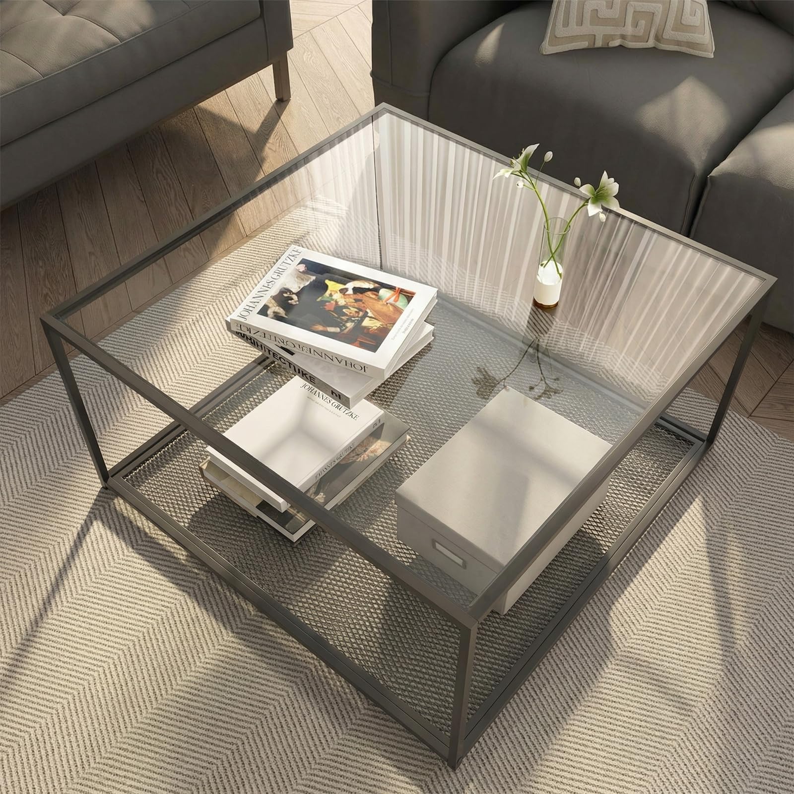 26" Square Black Glass Coffee Table, Modern Center Table Easy Assembly for Small Spaces