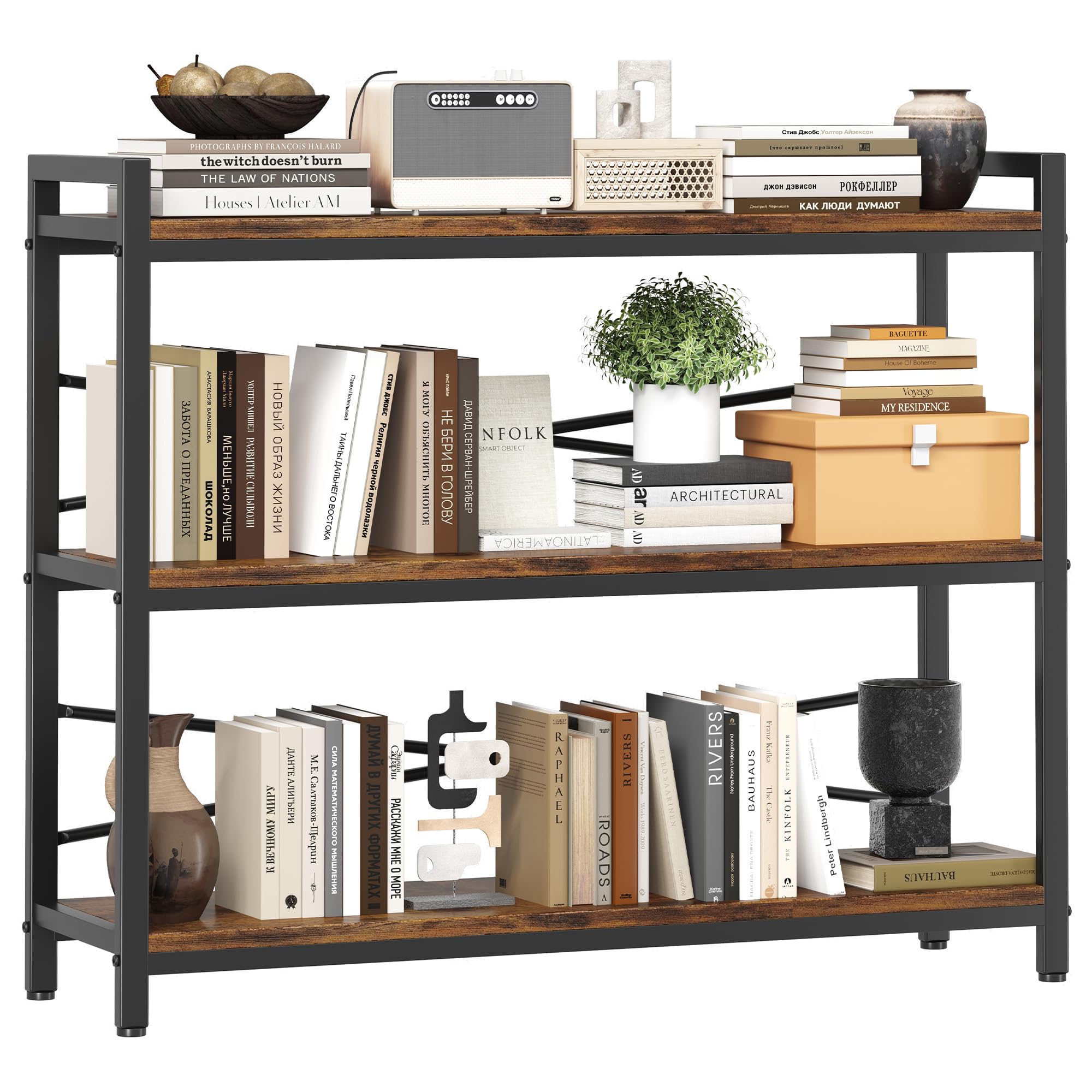Book Shelf, 3 Tier Bookshelf 31.49" Width, Book Shelf Storage and Organization, Wooden and Metal Industrial Bookcase, Large Book Shelves for Home Living Room Bedroom Office Storage(Vintage)