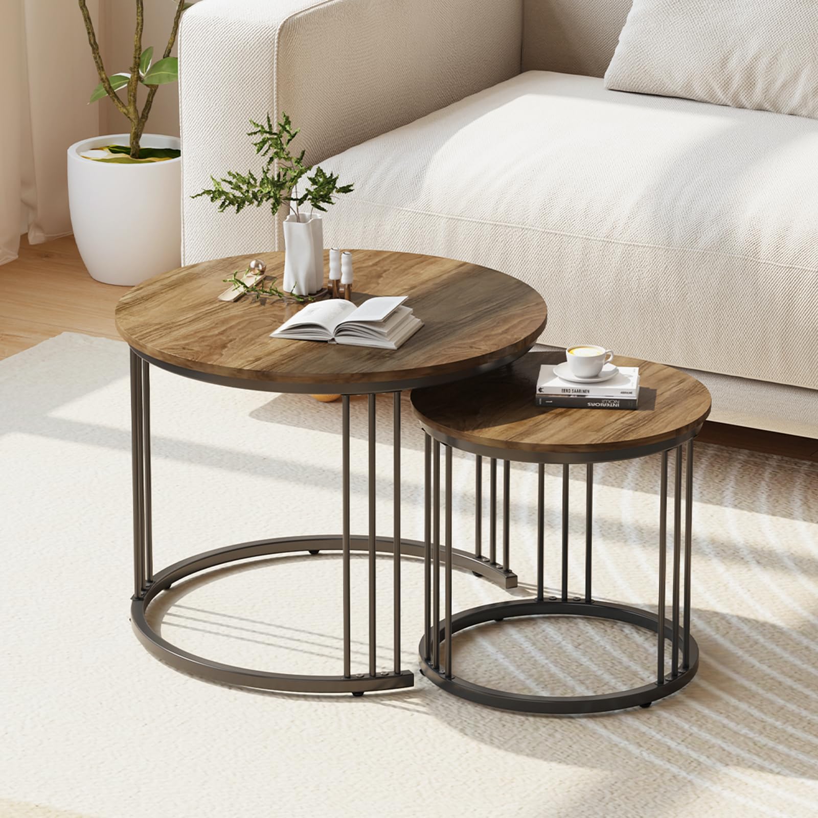 Garden 4 you Nesting Coffee Table, 23.6" Round Coffee Table Set of 2, Glass Nesting Table with Metal Frame, Ceter Tables for Living Room Bedroom Balcony, Gold