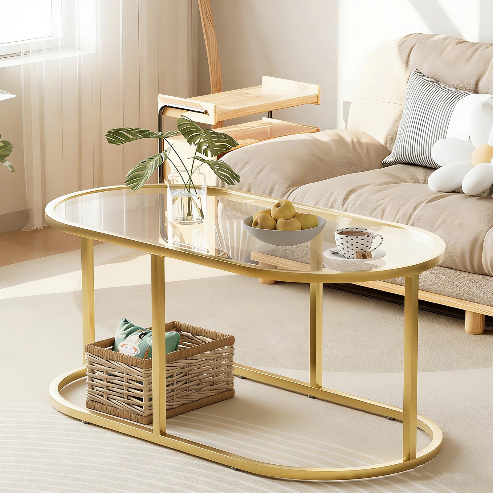Wolawu Coffee Table Gold Glass Coffee Table for Living Room,2 Tiers Oval Center Table with Sturdy Metal Frame,Modern Tempered Glass Accent Table for Bedroom Home Office