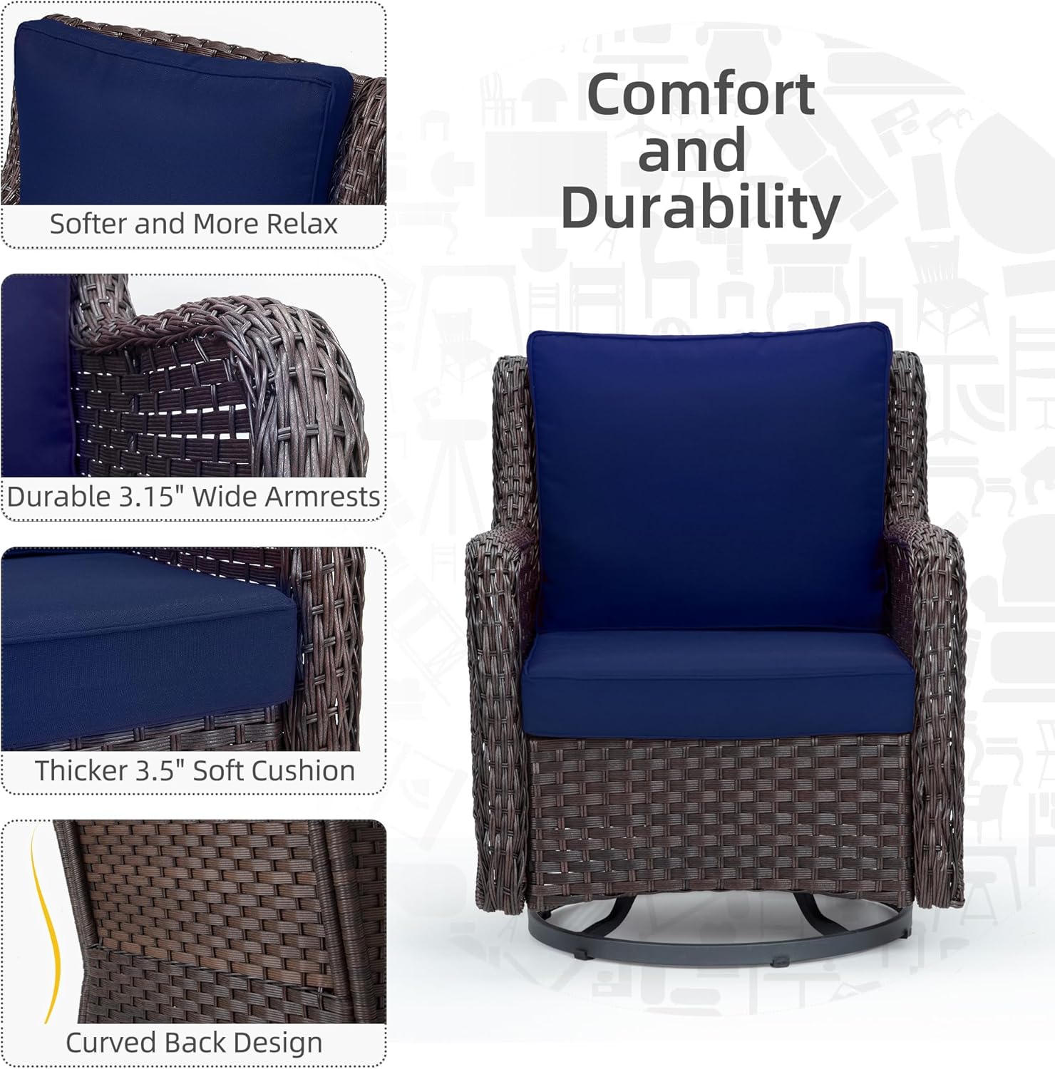 Towallmark Outdoor Swivel Wicker Glider Patio Chairs with Table Set, 3 Pieces Outdoor Bistro Set with 4”Thick Cushions and Coffee Table for Porch, Balcony, Deck (Blue)