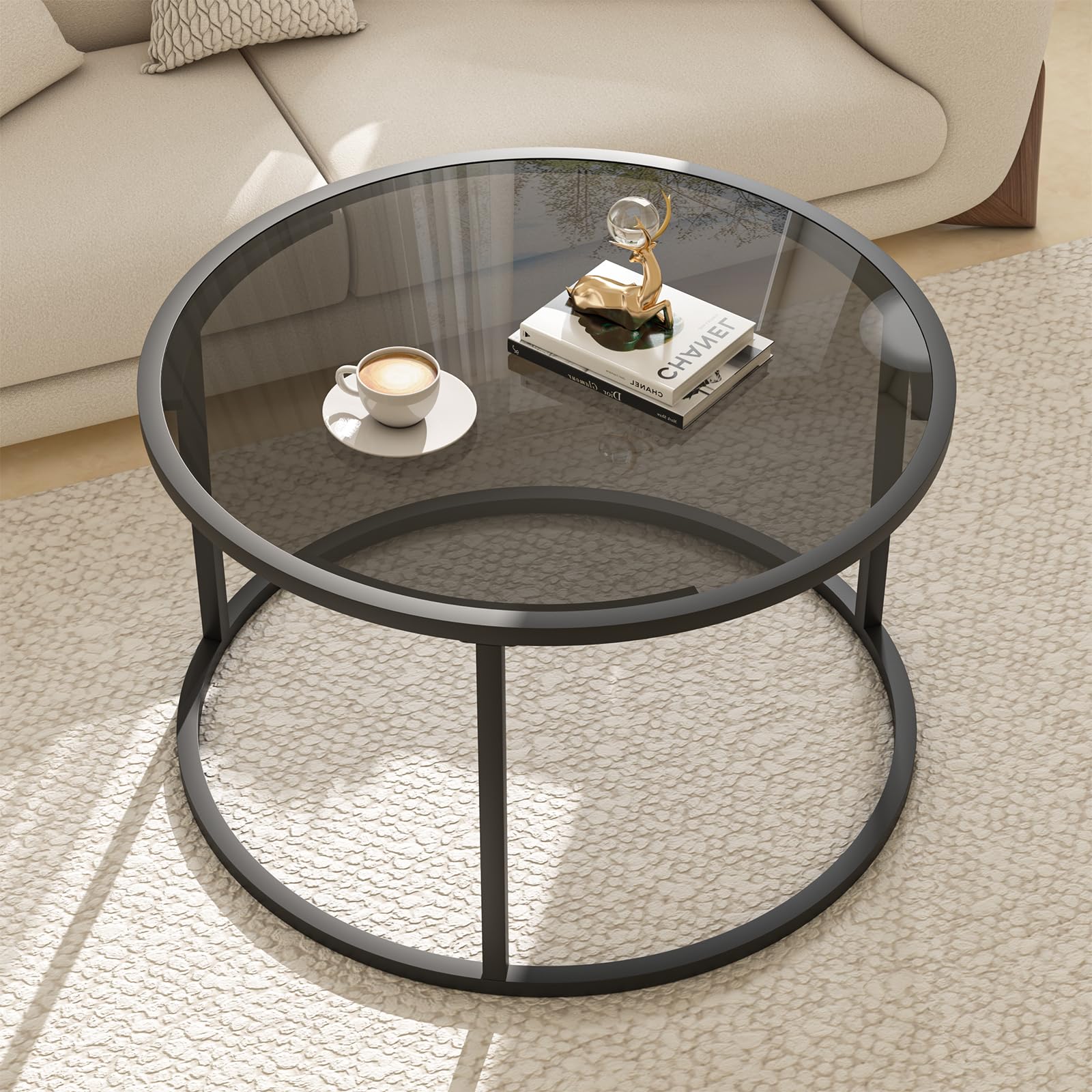 Glass Coffee Table,Round Gold Coffee Table for Small Space,27" Modern Center Table,Glass Top Clear Coffee Table with Sturdy Metal Frame for for Living Room Home Office, Easy Assembly