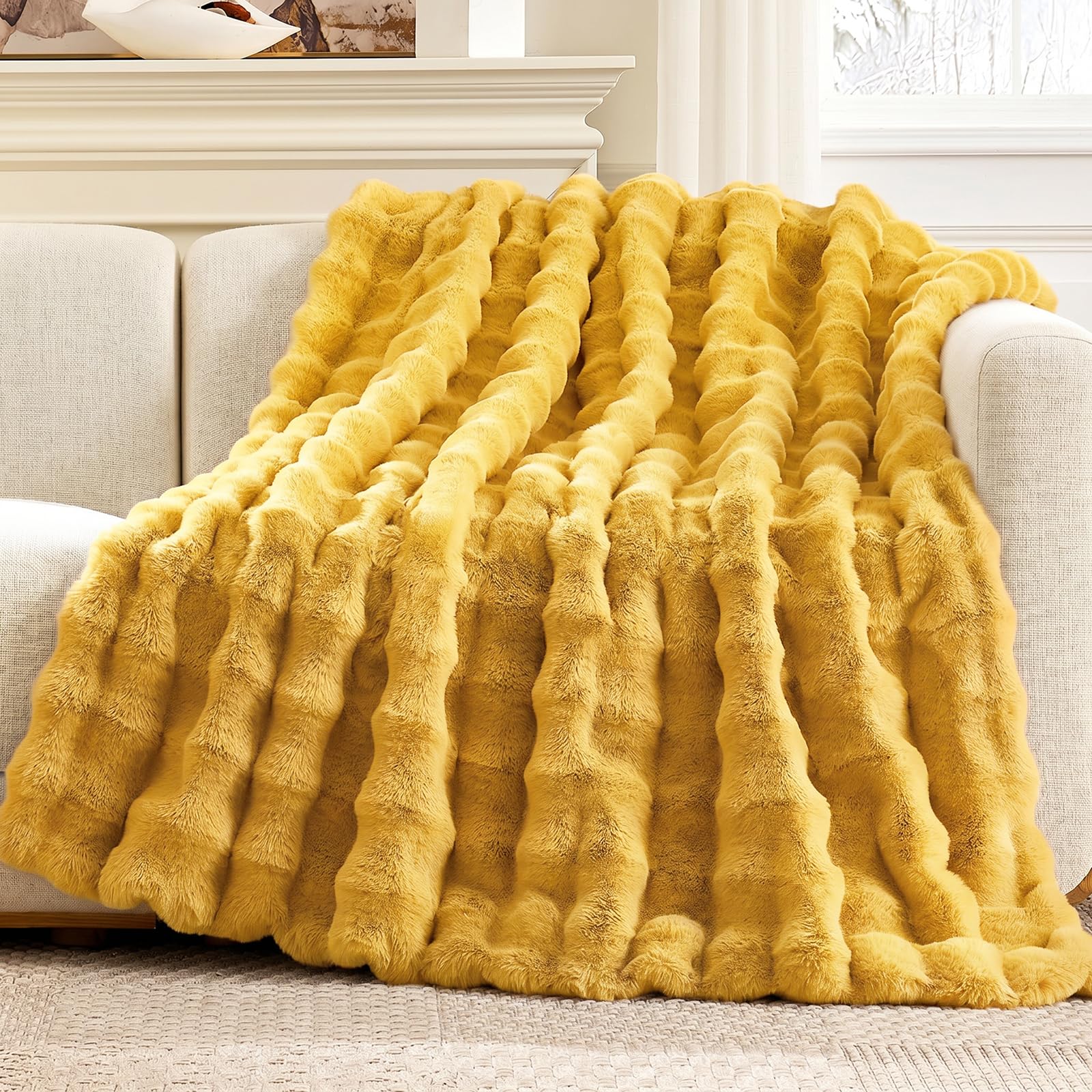 Cozy Bliss Faux Fur Throw Blanket for Couch, Fuzzy Soft Plush Thick Bubble Blanket for Sofa Bedroom Living Room, 50 * 60 Inches Tie-dye Taupe