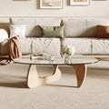 Modern Coffee Table for Living Room and Small Spaces, 35.6" x 25.4" x 15.8" Triangle Tempered Glass Table Top and Solid Wood Base, Walnut