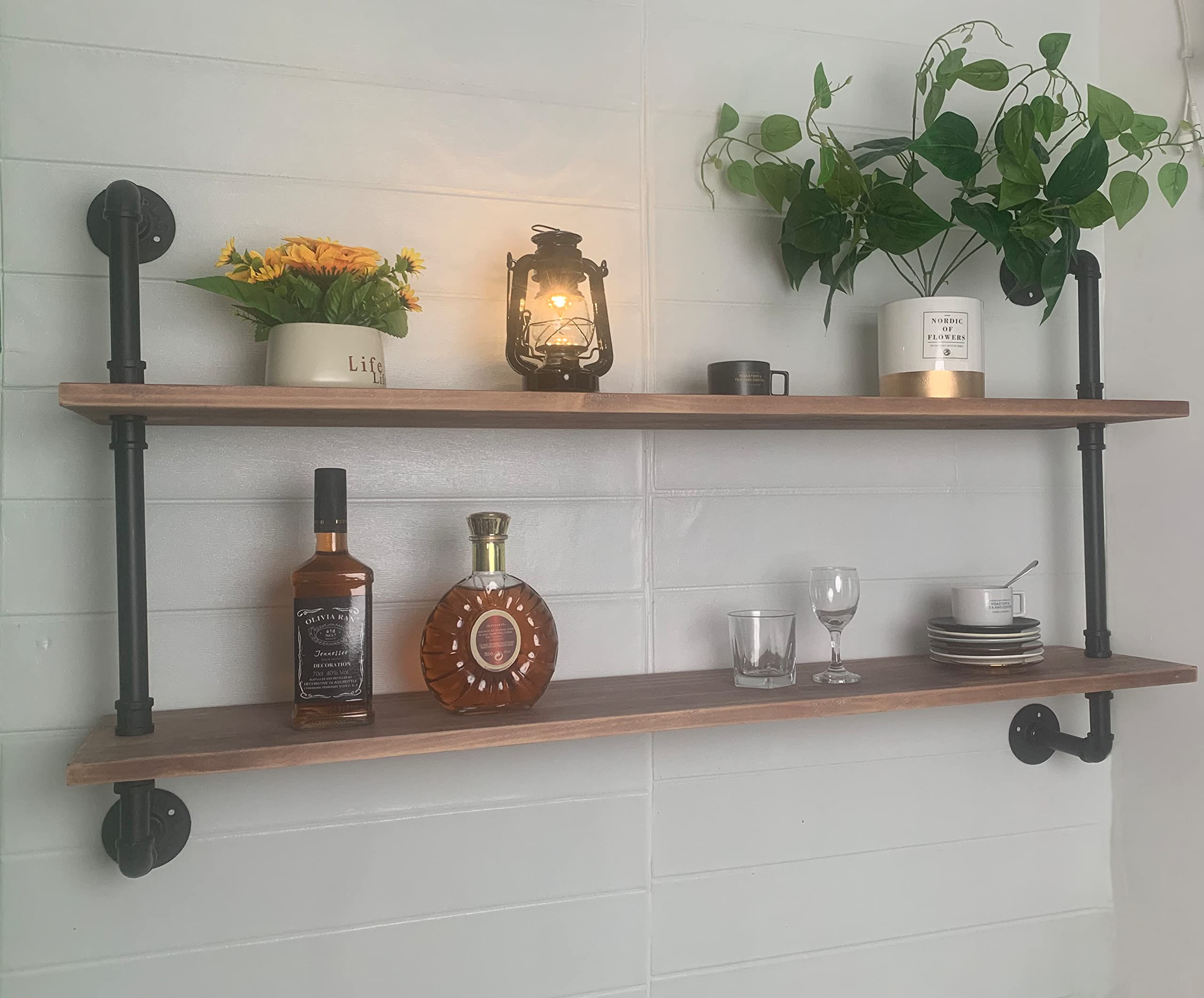 HDDFER Industrial Pipe Shelf Shelving Bookcase, Wall Mounted Rustic Bookshelf, Floating Bookshelves for Wall,Retro Wood Metal Pipe Industrial Shelves for Living Room