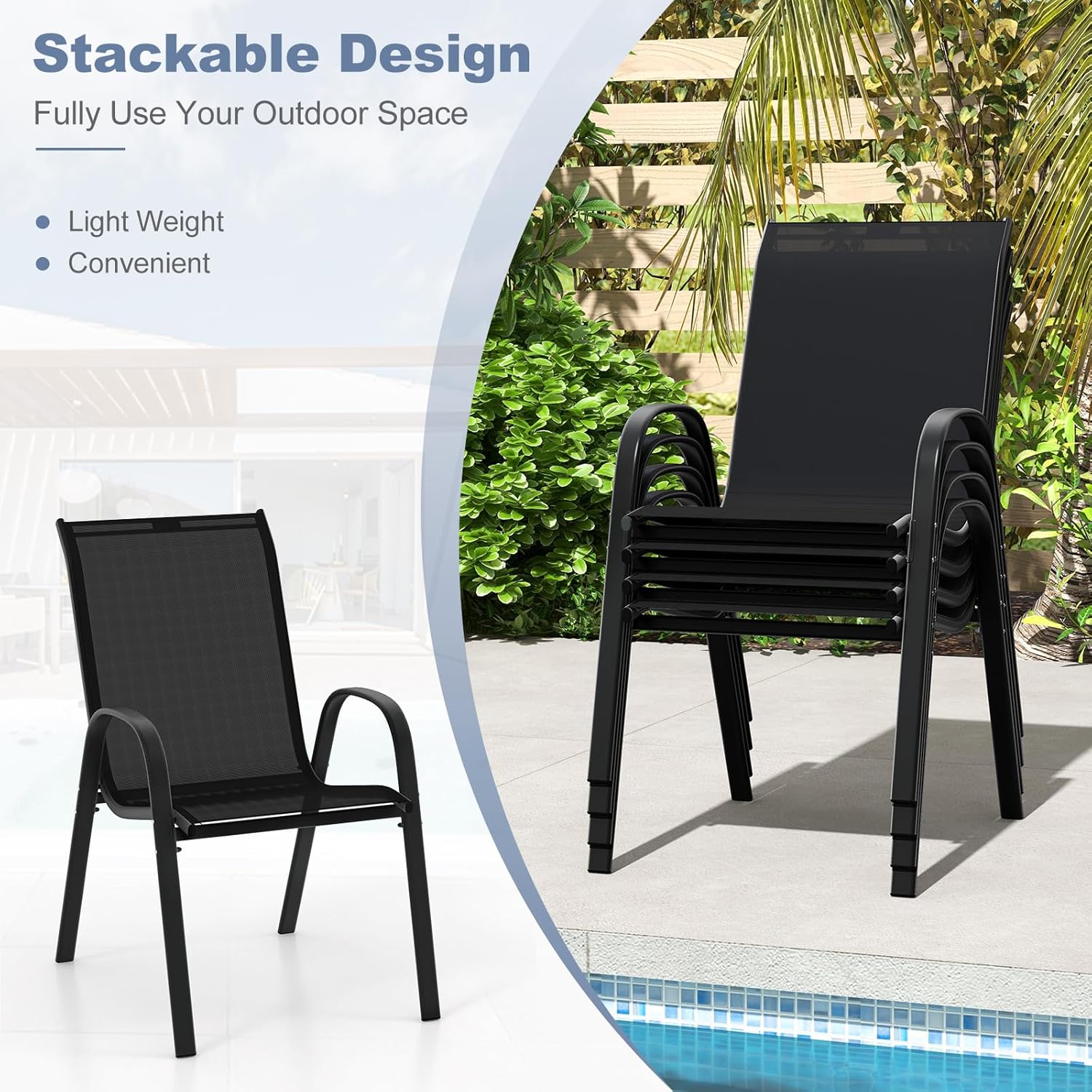 Tangkula Patio Dining Chairs Set of 4, Outdoor Stackable All Weather Heavy Duty Dining Chairs Set with Armrests, Support 330 LBS, for Poolside, Backyard, Garden, Deck, Front Porch (Black)
