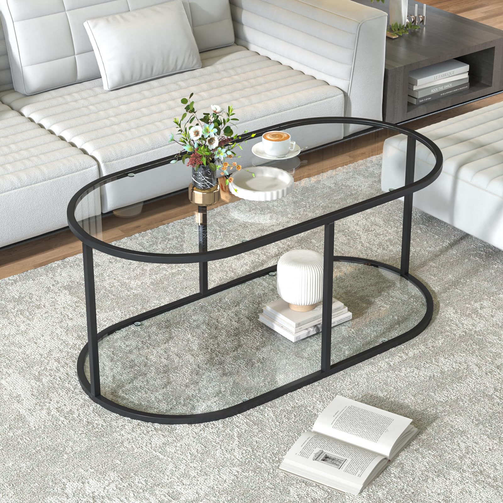 Wolawu Coffee Table Gold Glass Coffee Table for Living Room,2 Tiers Oval Center Table with Sturdy Metal Frame,Modern Tempered Glass Accent Table for Bedroom Home Office