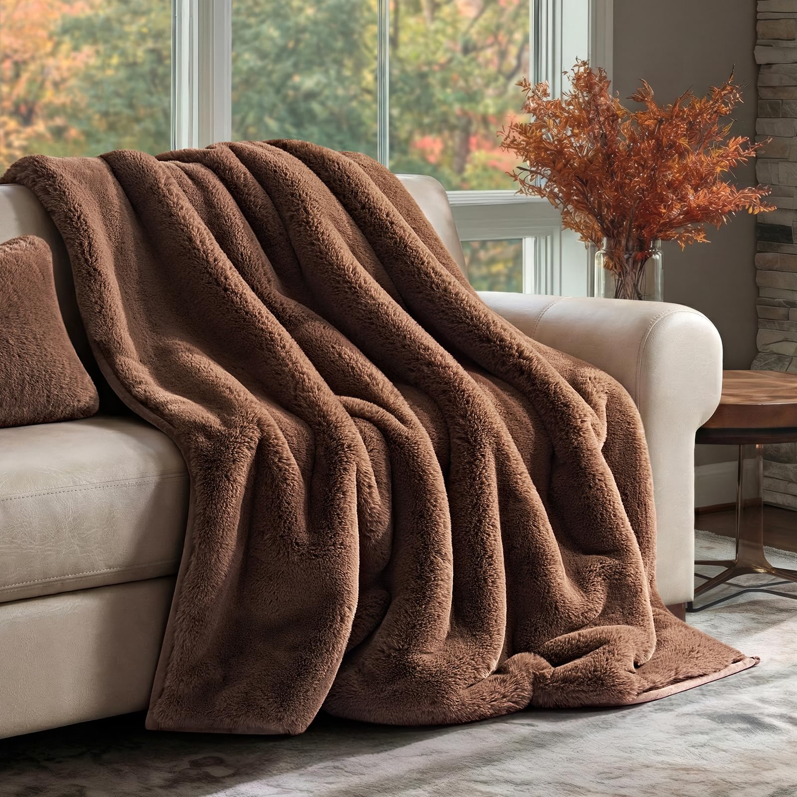 EVERGRACEHOME Luxury Soft Faux Chinchilla Fur Throw Blanket for Couch, Warm Thick Heavy Winter Throw Blanket 1220GSM for Bed, Fluffy Cozy Mink Blanket with Reversible Velvet, Brown Sable, 50"x60"