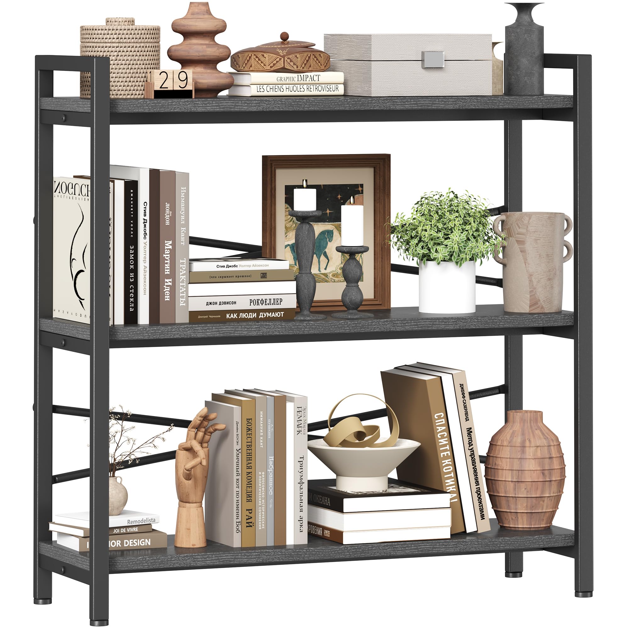 Book Shelf, 3 Tier Bookshelf 31.49" Width, Book Shelf Storage and Organization, Wooden and Metal Industrial Bookcase, Large Book Shelves for Home Living Room Bedroom Office Storage(Vintage)