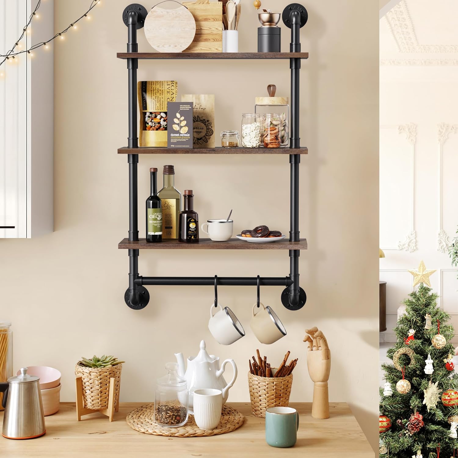 Merapi 24" Industrial Floating Shelves with Tower Bar, Pipe Shelves for Wall, 3 Tier Rustic Wood Wall Shelves for Home Décor, Bedroom, Living Room, Bathroom