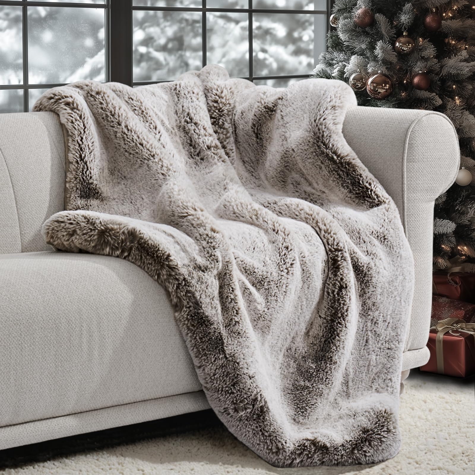 EVERGRACEHOME Luxury Soft Faux Chinchilla Fur Throw Blanket for Couch, Warm Thick Heavy Winter Throw Blanket 1220GSM for Bed, Fluffy Cozy Mink Blanket with Reversible Velvet, Brown Sable, 50"x60"