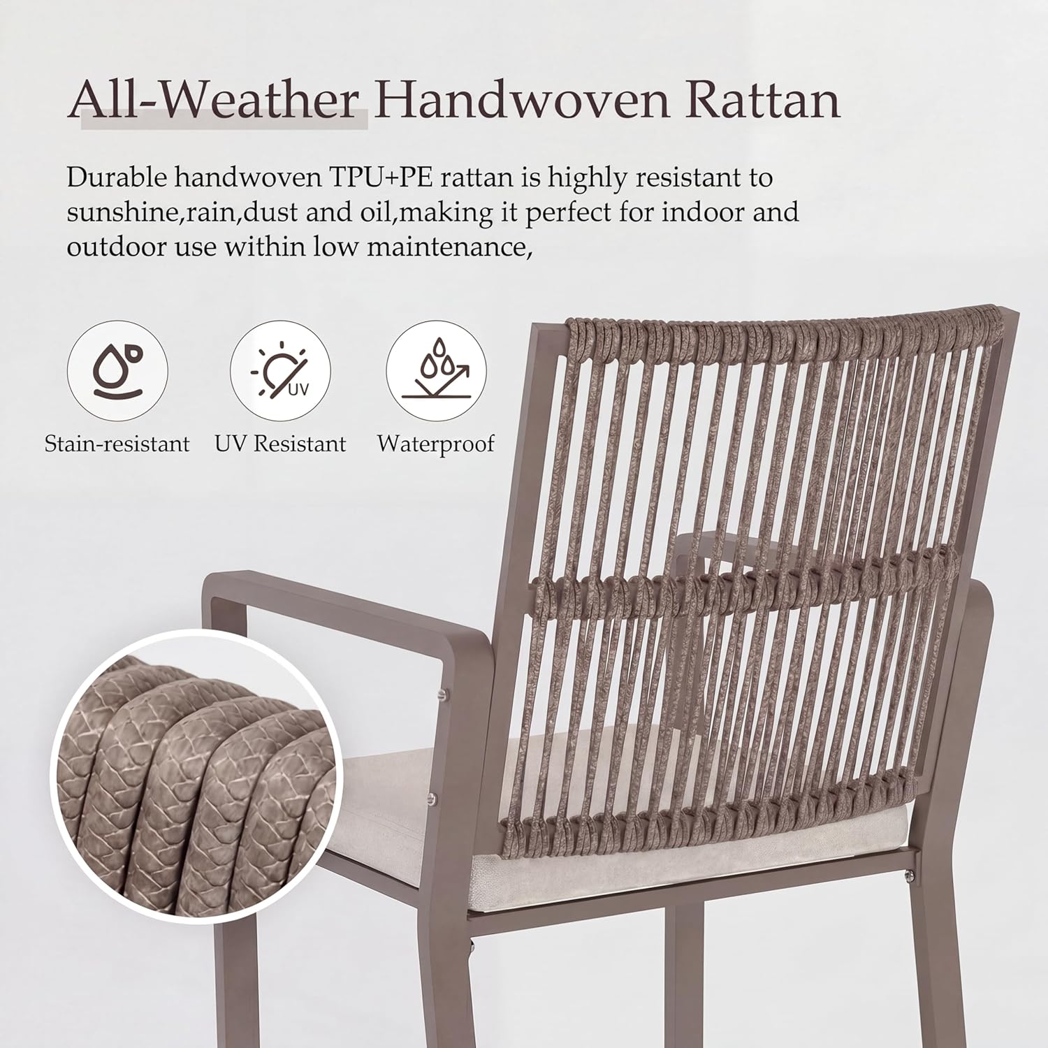 Outdoor Patio Dining Chair, All-Weather Woven Rope Outdoor Chairs Set of 2, Sturdy Iron Frame, 400 lbs, Ergonomic Backrest, Removable Breathable Cushion, for Patio & Garden, Light Brown