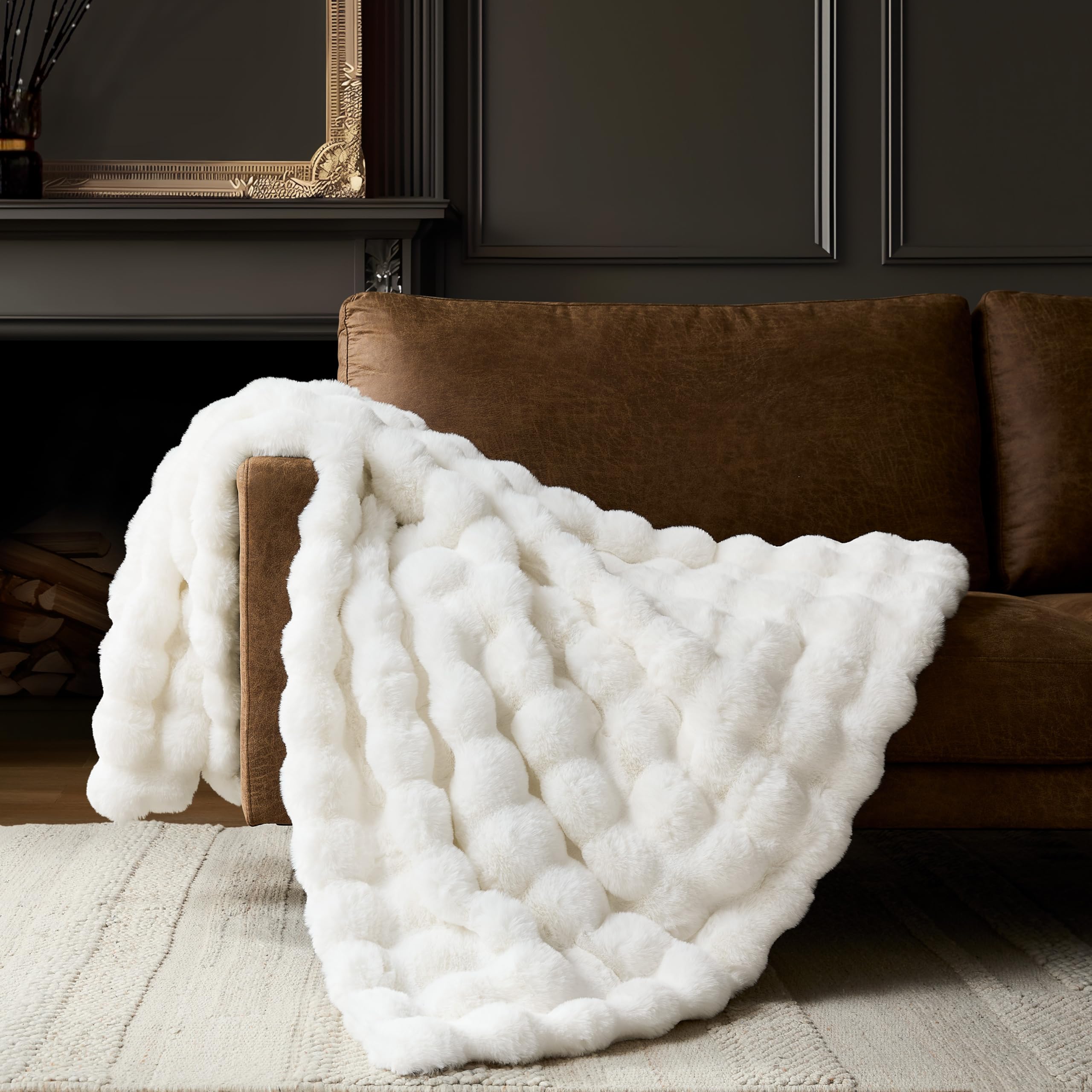 WDCOZY Luxury Bubble Throw Blanket, Faux Rabbit Fur Mink Plush Throw for Couch, Sofa and Bed, Soft Fluffy Fuzzy Furry Cozy Blanket, Thick and Warm for Women, 50x60 inches, Tie-Dye Grey, 950 GSM