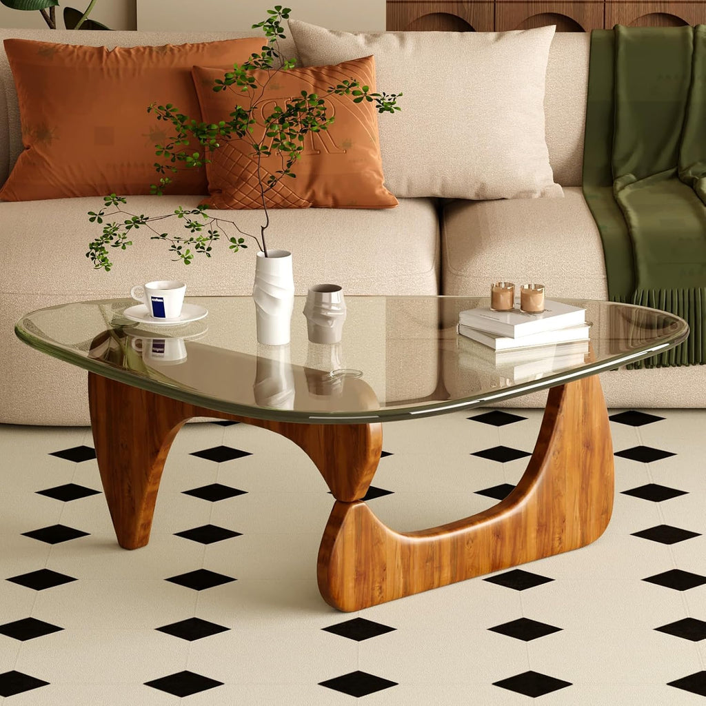 Coffee Table for Living Room Mid Century Modern Center Table with Glass Top and Wood,36 Inch, Transparent/Walnut