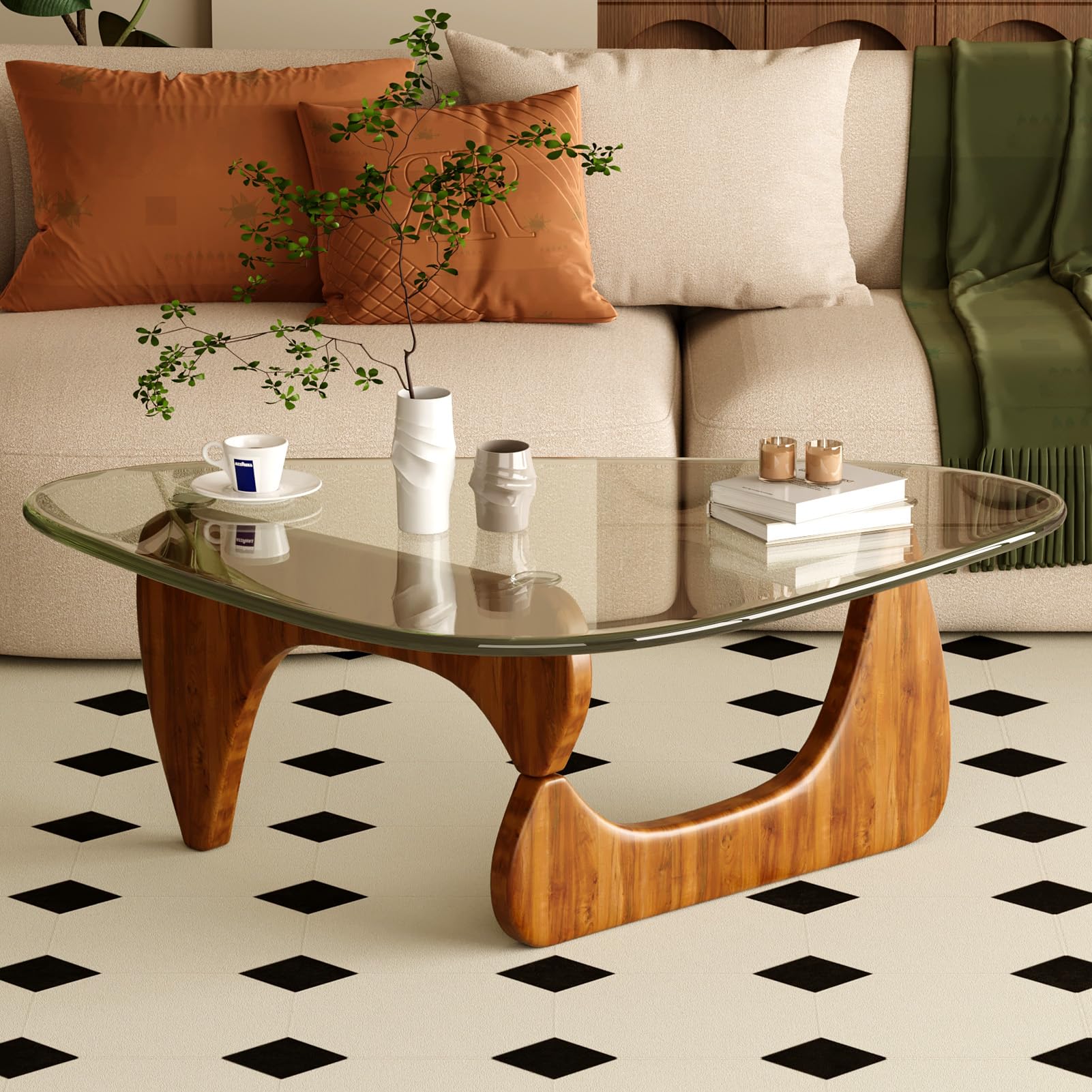 Coffee Table for Living Room Mid Century Modern Center Table with Glass Top and Wood,36 Inch, Transparent/Walnut