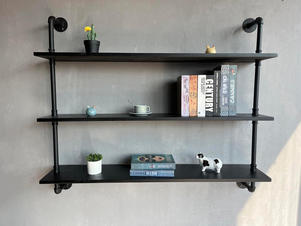 HDDFER Industrial Pipe Shelf Shelving Bookcase, Wall Mounted Rustic Bookshelf, Floating Bookshelves for Wall,Retro Wood Metal Pipe Industrial Shelves for Living Room