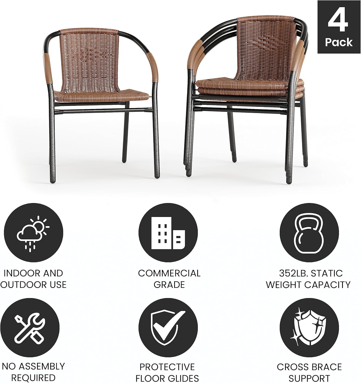 Flash Furniture Lila Modern Rattan Indoor/Outdoor Stackable Dining Chairs, Stacking Rattan Bistro Chairs for Patio or Restaurant, Set of 4, Brown