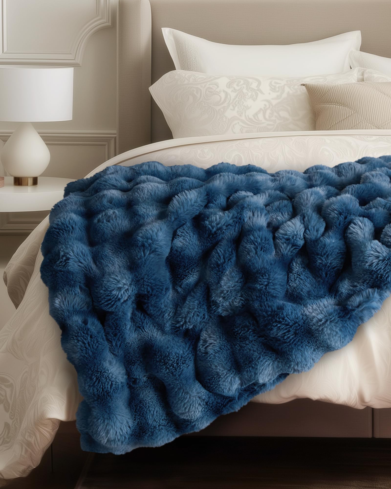 Ultra Soft Cozy Faux Fur Throw Blanket, Fuzzy Plush Thick Bubble Blanket, Luxury Fluffy Blanket for Couch, Sofa, Bedroom, and Living Room, 50x60 Inches, Cream White