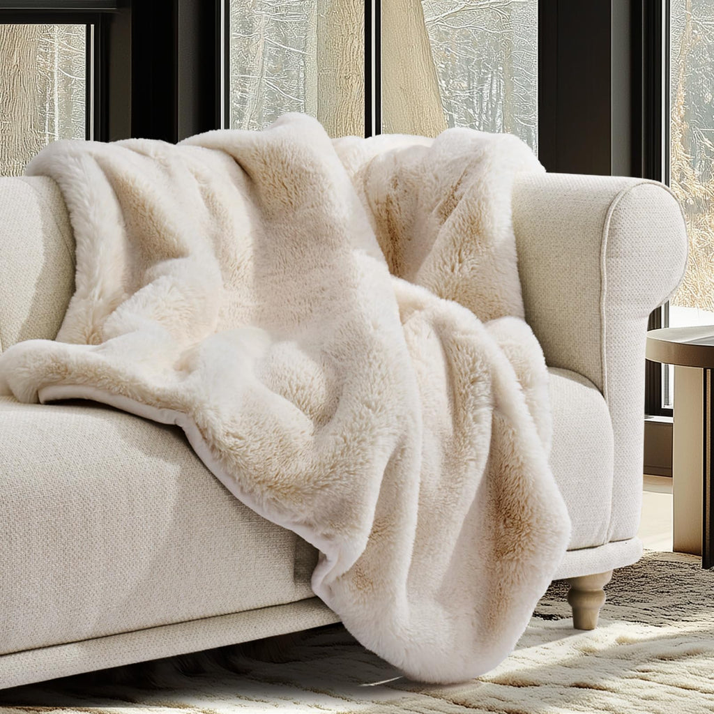 EVERGRACEHOME Luxury Soft Faux Chinchilla Fur Throw Blanket for Couch, Warm Thick Heavy Winter Throw Blanket 1220GSM for Bed, Fluffy Cozy Mink Blanket with Reversible Velvet, Brown Sable, 50"x60"