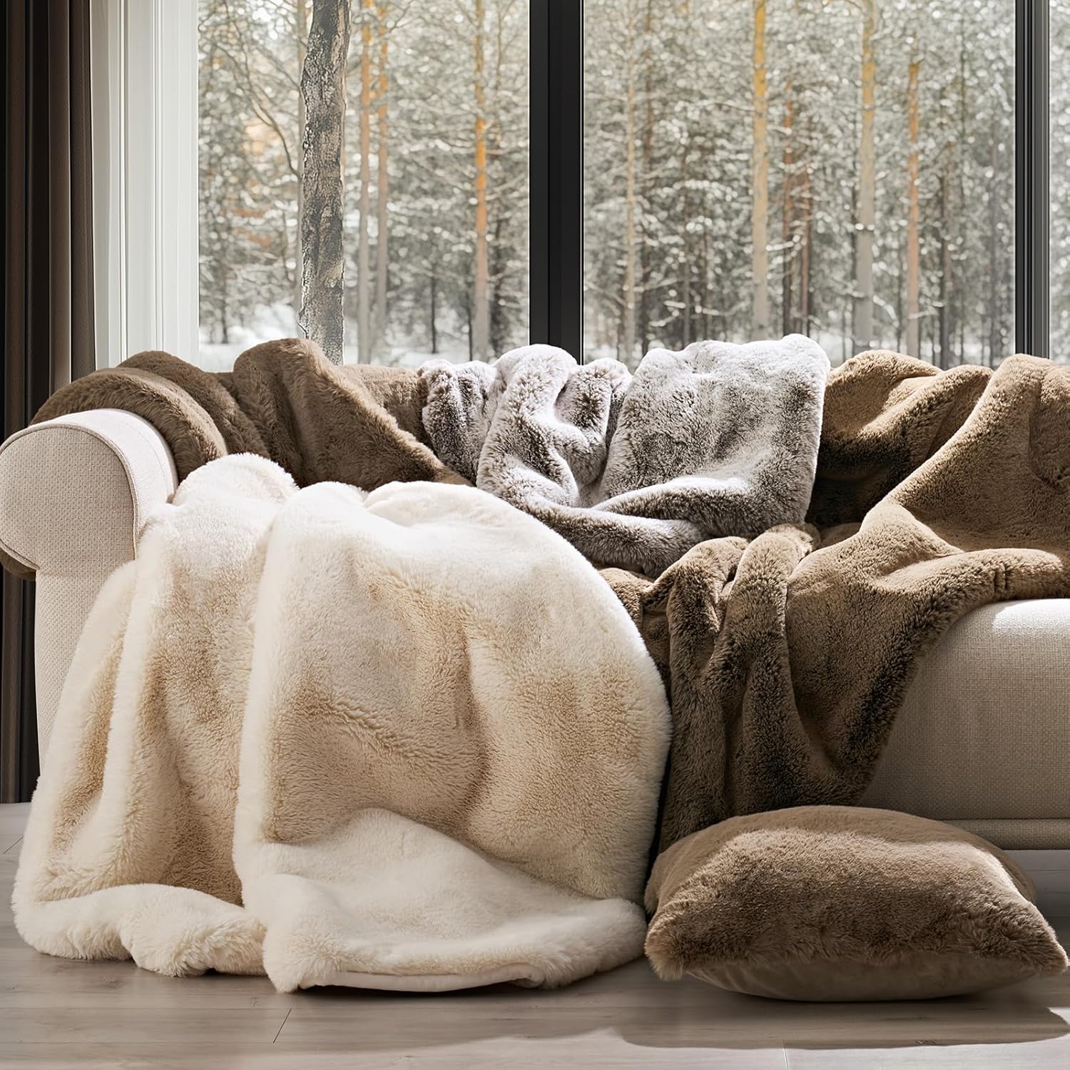 EVERGRACEHOME Luxury Soft Faux Chinchilla Fur Throw Blanket for Couch, Warm Thick Heavy Winter Throw Blanket 1220GSM for Bed, Fluffy Cozy Mink Blanket with Reversible Velvet, Brown Sable, 50"x60"