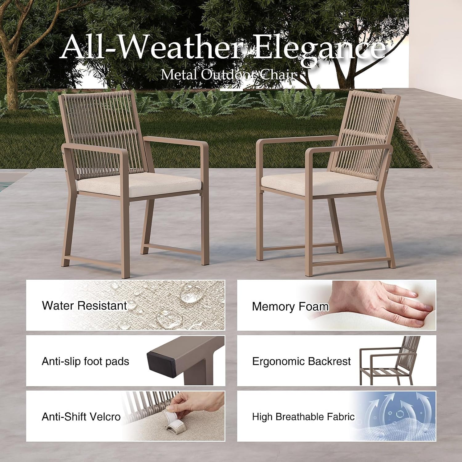 Outdoor Patio Dining Chair, All-Weather Woven Rope Outdoor Chairs Set of 2, Sturdy Iron Frame, 400 lbs, Ergonomic Backrest, Removable Breathable Cushion, for Patio & Garden, Light Brown
