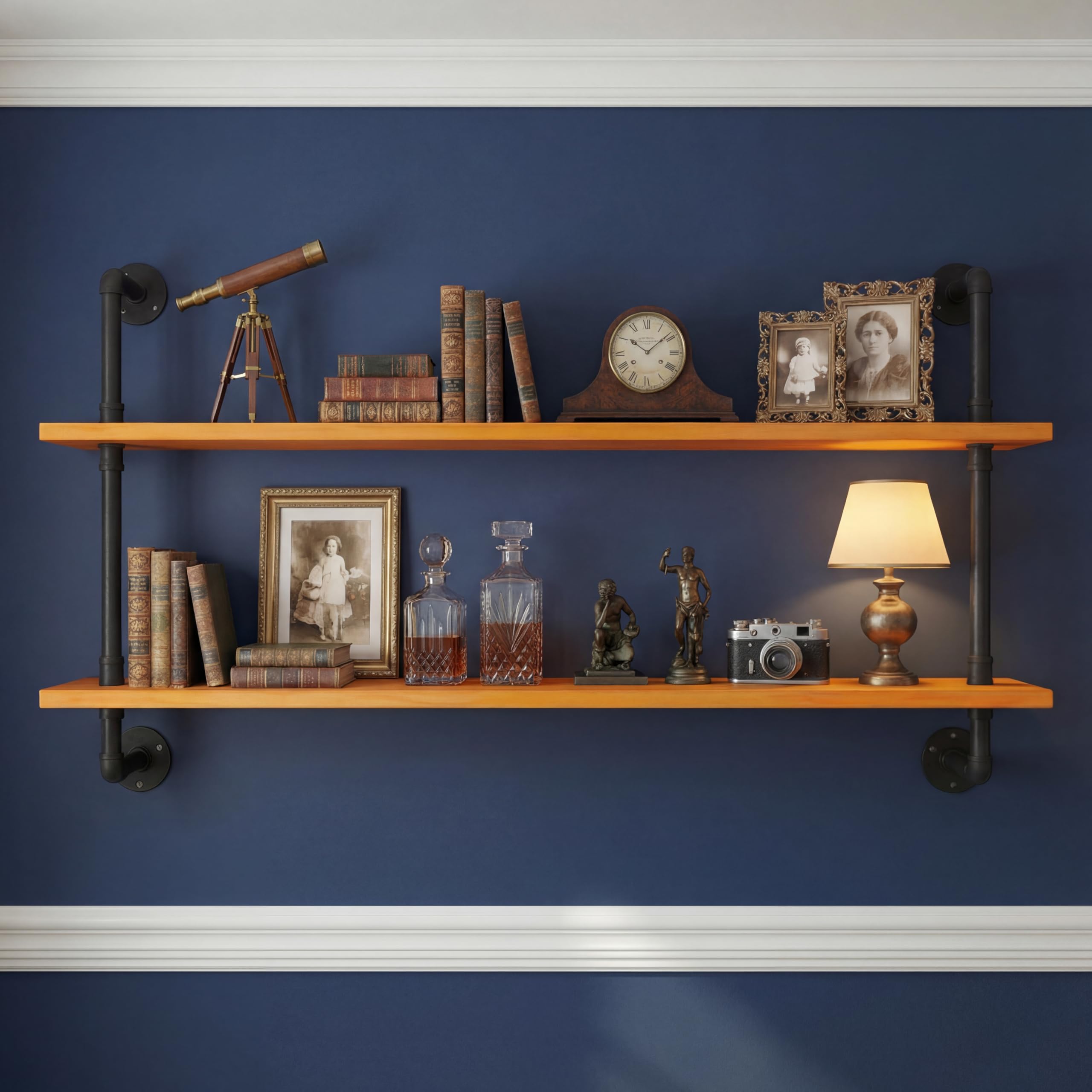 HDDFER Industrial Pipe Shelf Shelving Bookcase, Wall Mounted Rustic Bookshelf, Floating Bookshelves for Wall,Retro Wood Metal Pipe Industrial Shelves for Living Room