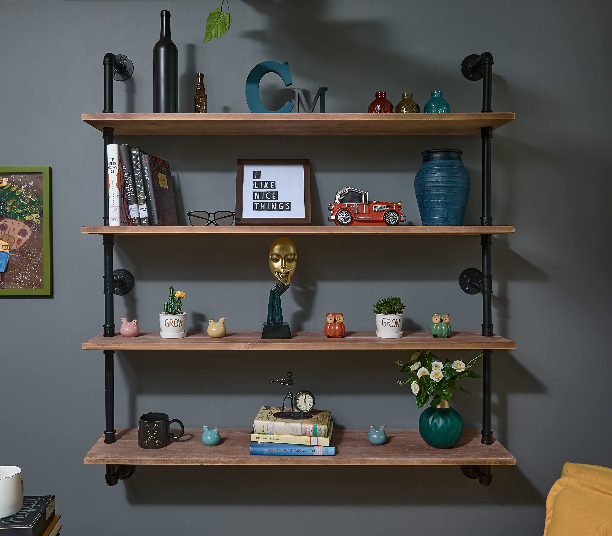 HDDFER Industrial Pipe Shelf Shelving Bookcase, Wall Mounted Rustic Bookshelf, Floating Bookshelves for Wall,Retro Wood Metal Pipe Industrial Shelves for Living Room