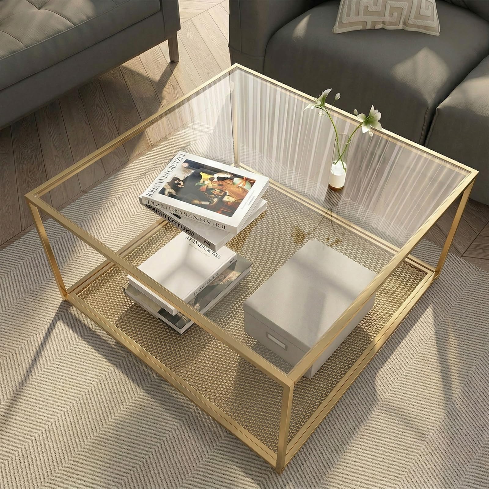 26" Square Black Glass Coffee Table, Modern Center Table Easy Assembly for Small Spaces