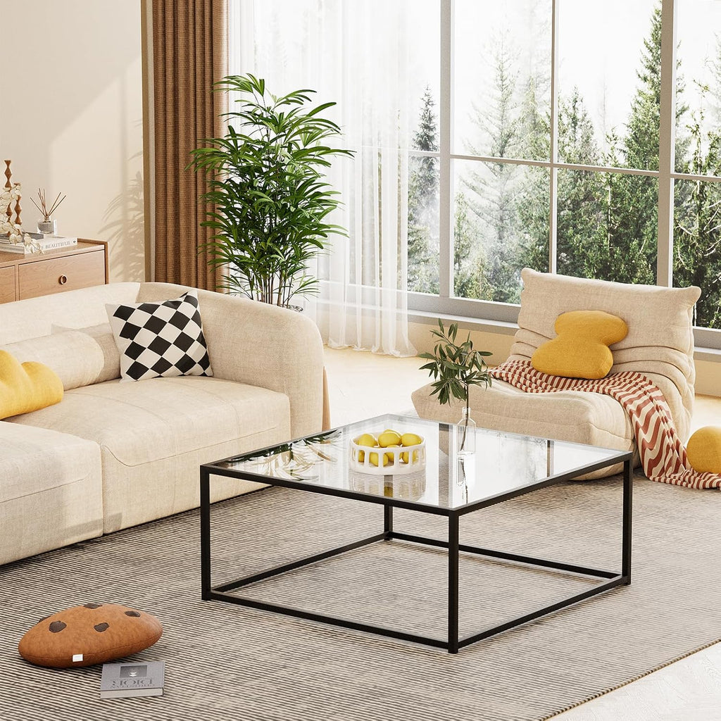 26" Square Black Glass Coffee Table, Modern Center Table Easy Assembly for Small Spaces
