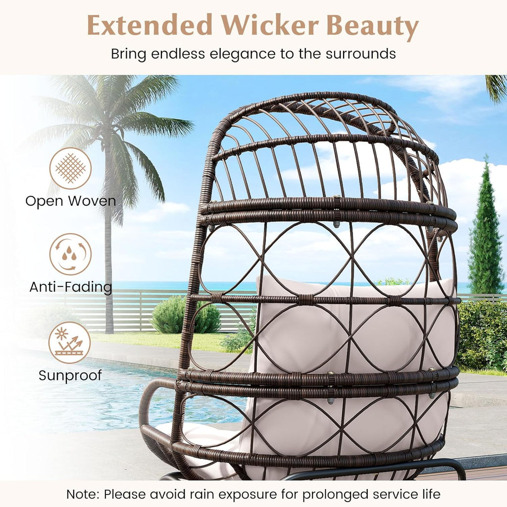 Tangkula Narrow Wicker Egg Chair Outdoor, Patio Rattan Lounge Basket with Seat & Back Cushions, Metal Indoor Outdoor Leisure Sofa Cocoon Chair for Bedroom, Backyard, Balcony, 400 lbs Max Load