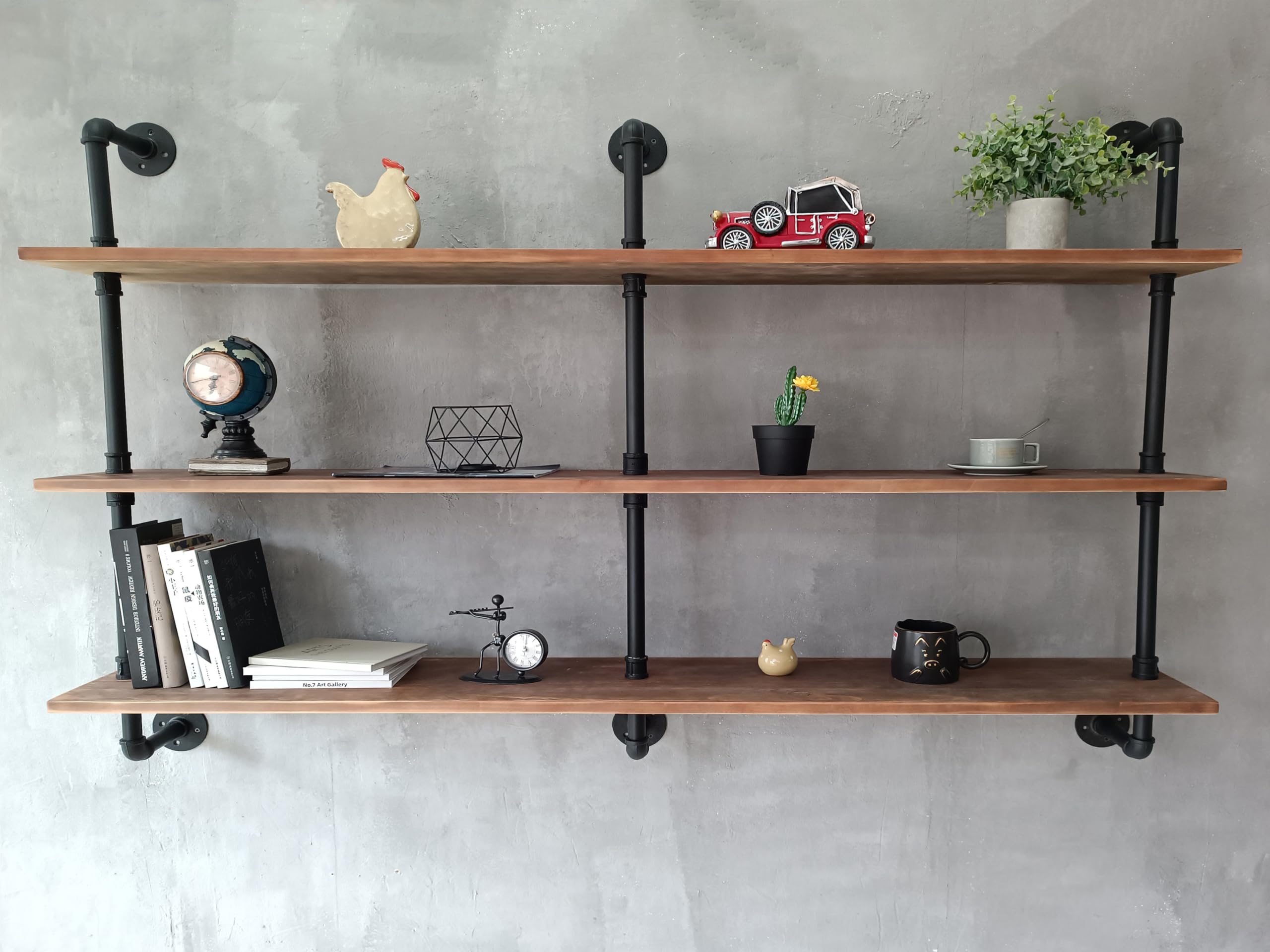 HDDFER Industrial Pipe Shelf Shelving Bookcase, Wall Mounted Rustic Bookshelf, Floating Bookshelves for Wall,Retro Wood Metal Pipe Industrial Shelves for Living Room